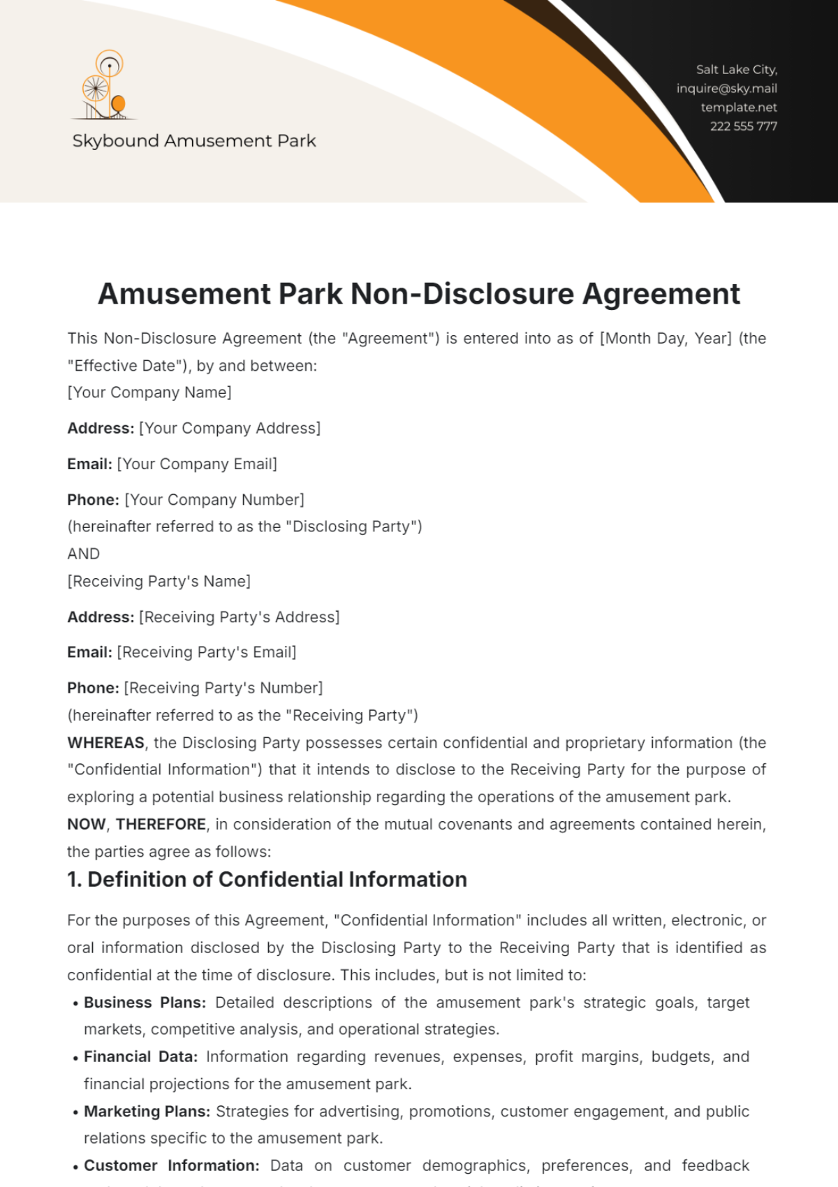 Amusement Park Non-Disclosure Agreement Template - Edit Online & Download