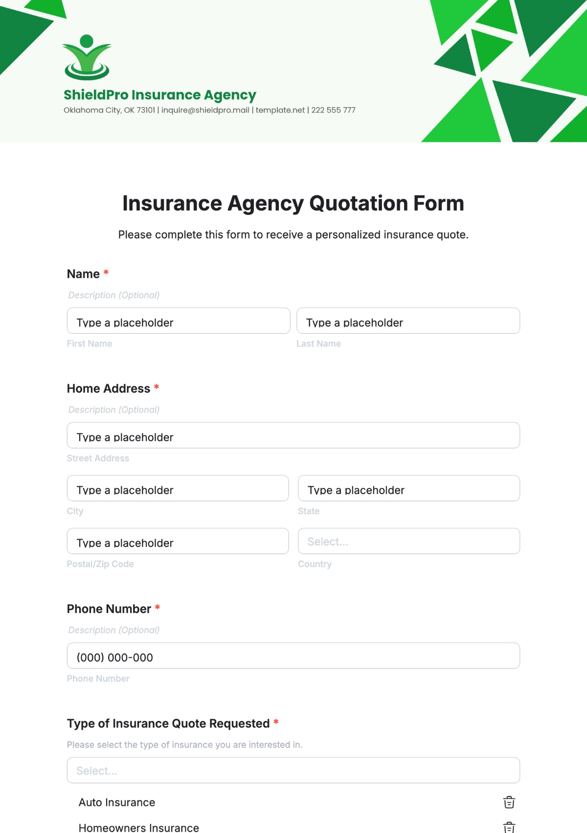 Insurance Agency Quotation Form Template - Edit Online & Download