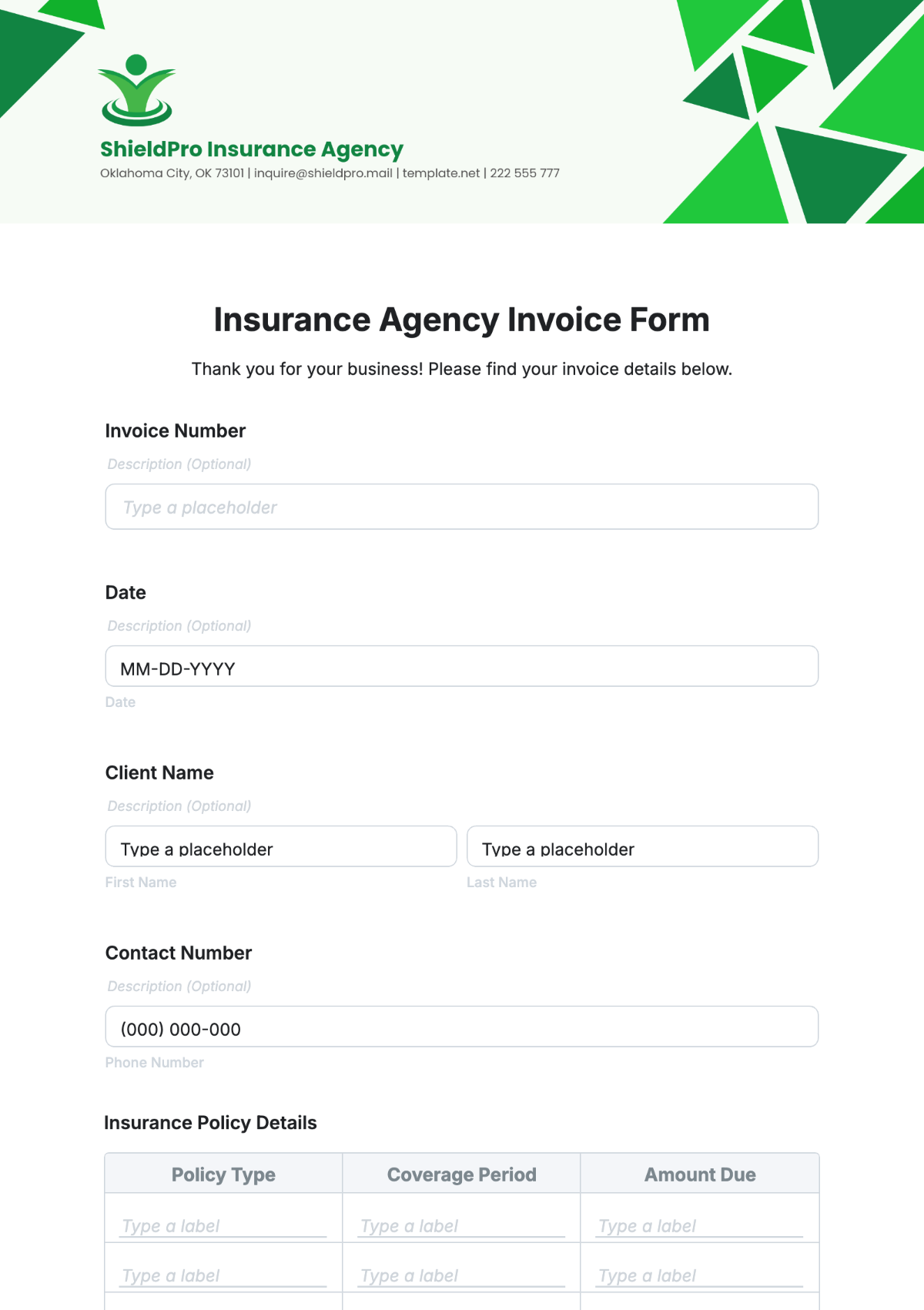 Insurance Agency Invoice Form Template