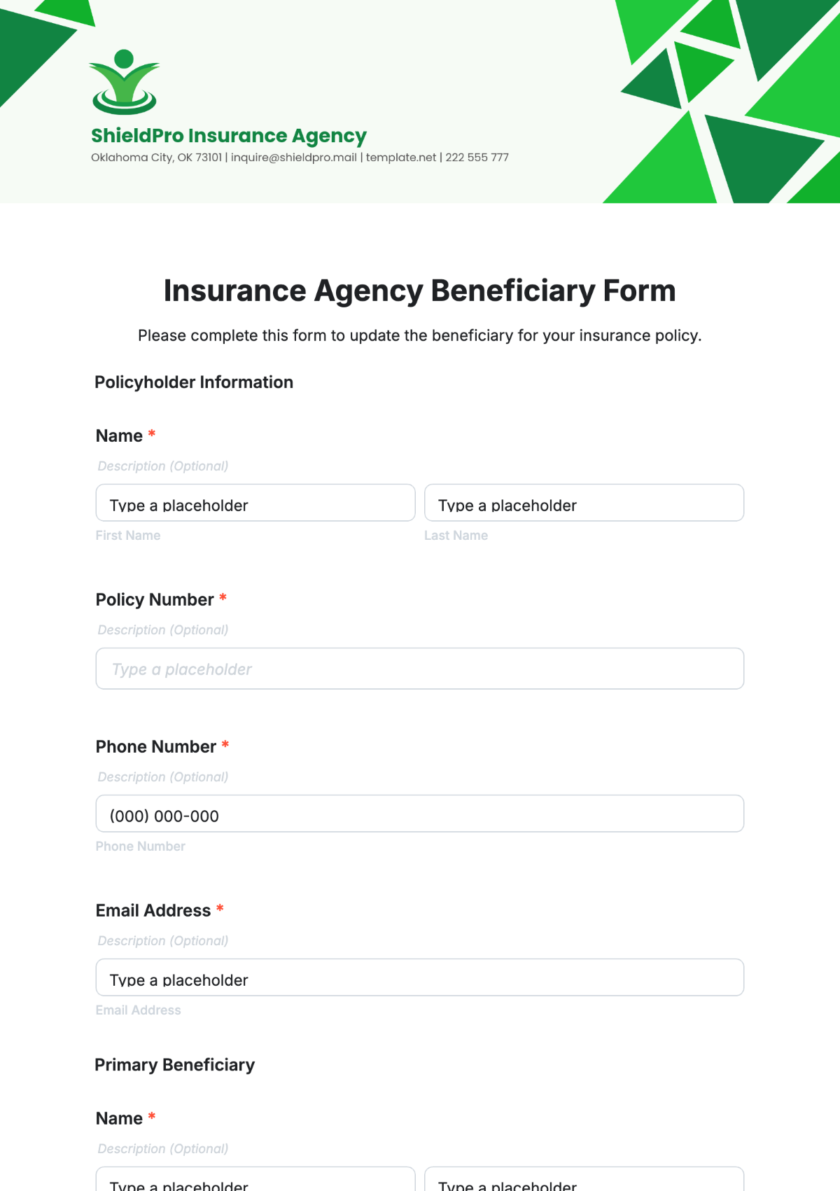 Insurance Agency Beneficiary Form Template - Edit Online & Download