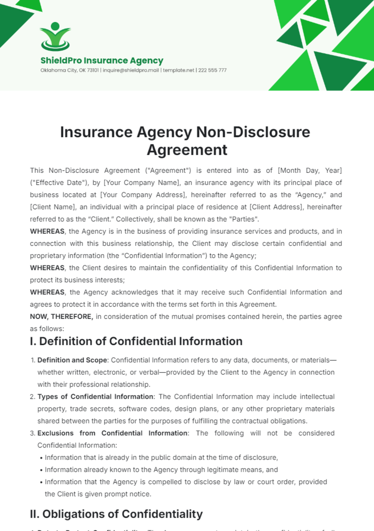 Insurance Agency Non-Disclosure Agreement Template