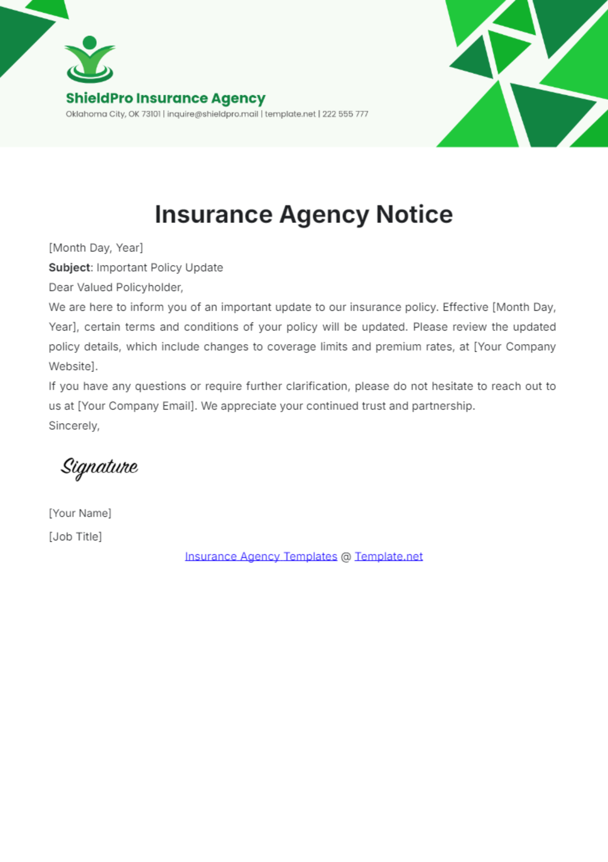 Insurance Agency Notice Template