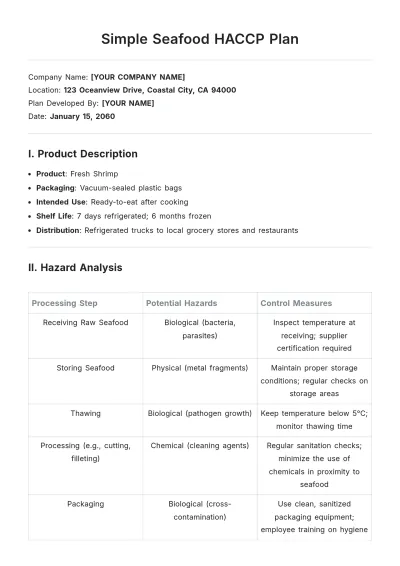 Free Simple Seafood HACCP Plan Template to Edit Online