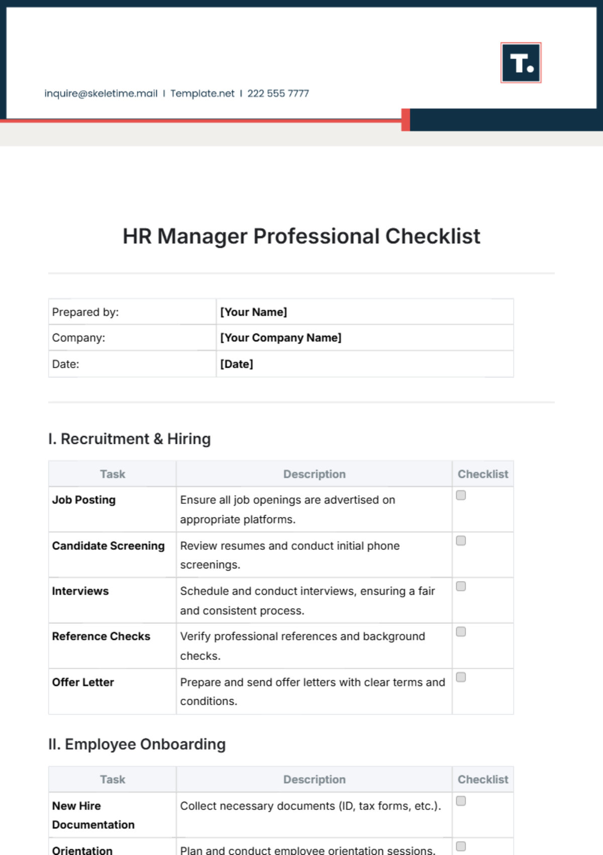 HR Manager Professional Checklist Template - Edit Online & Download