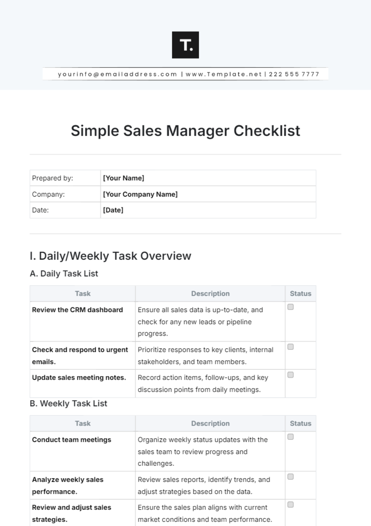 Simple Sales Manager Checklist Template