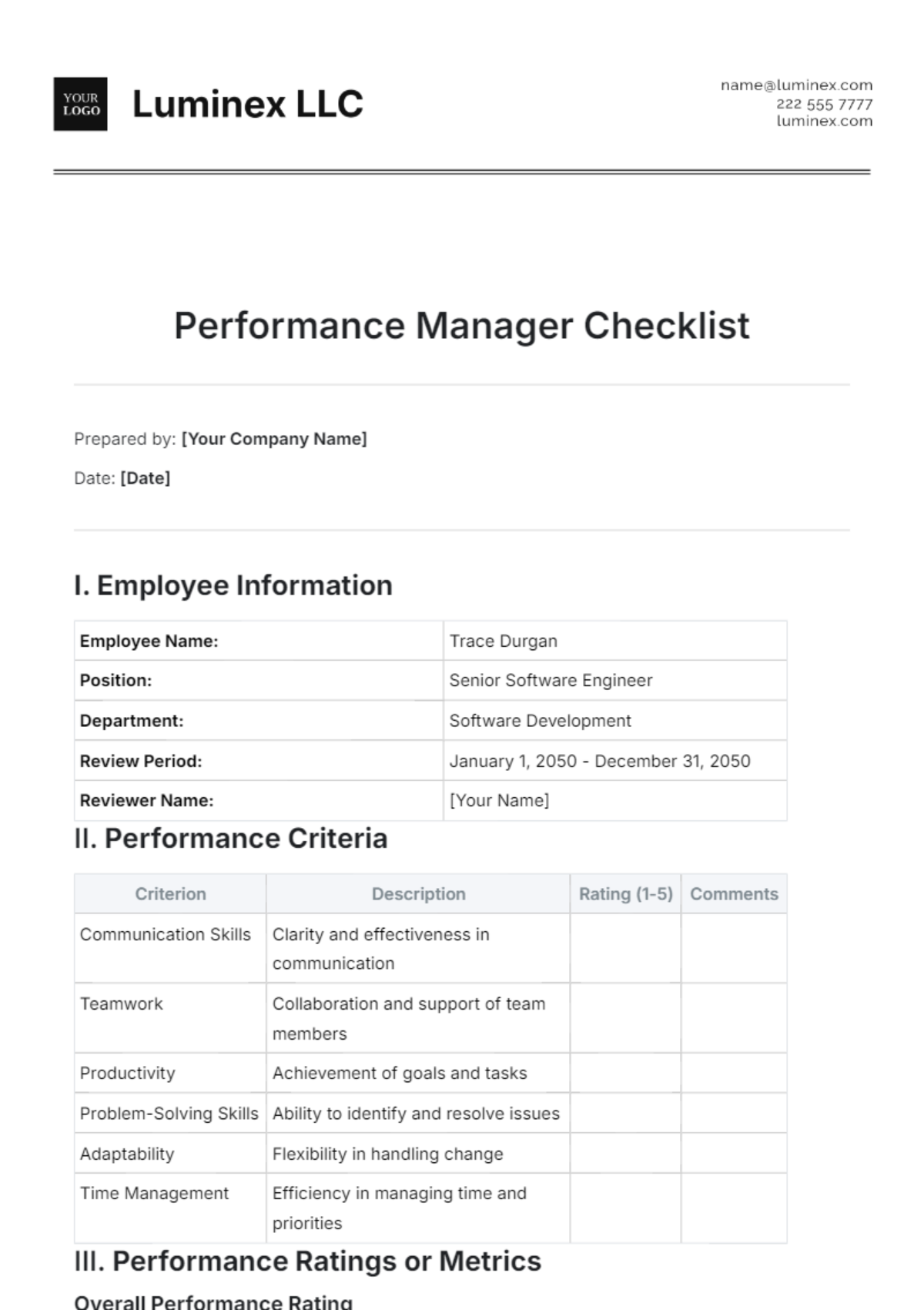 Performance Manager Checklist Template - Edit Online & Download