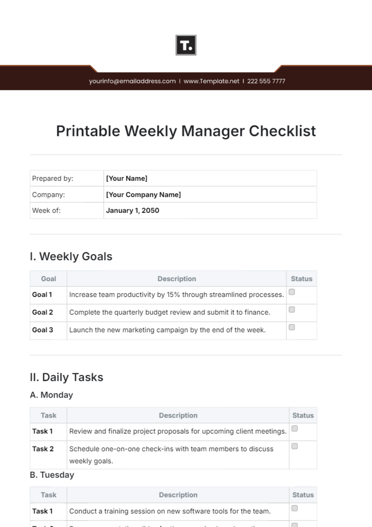 Printable Weekly Manager Checklist Template - Edit Online & Download