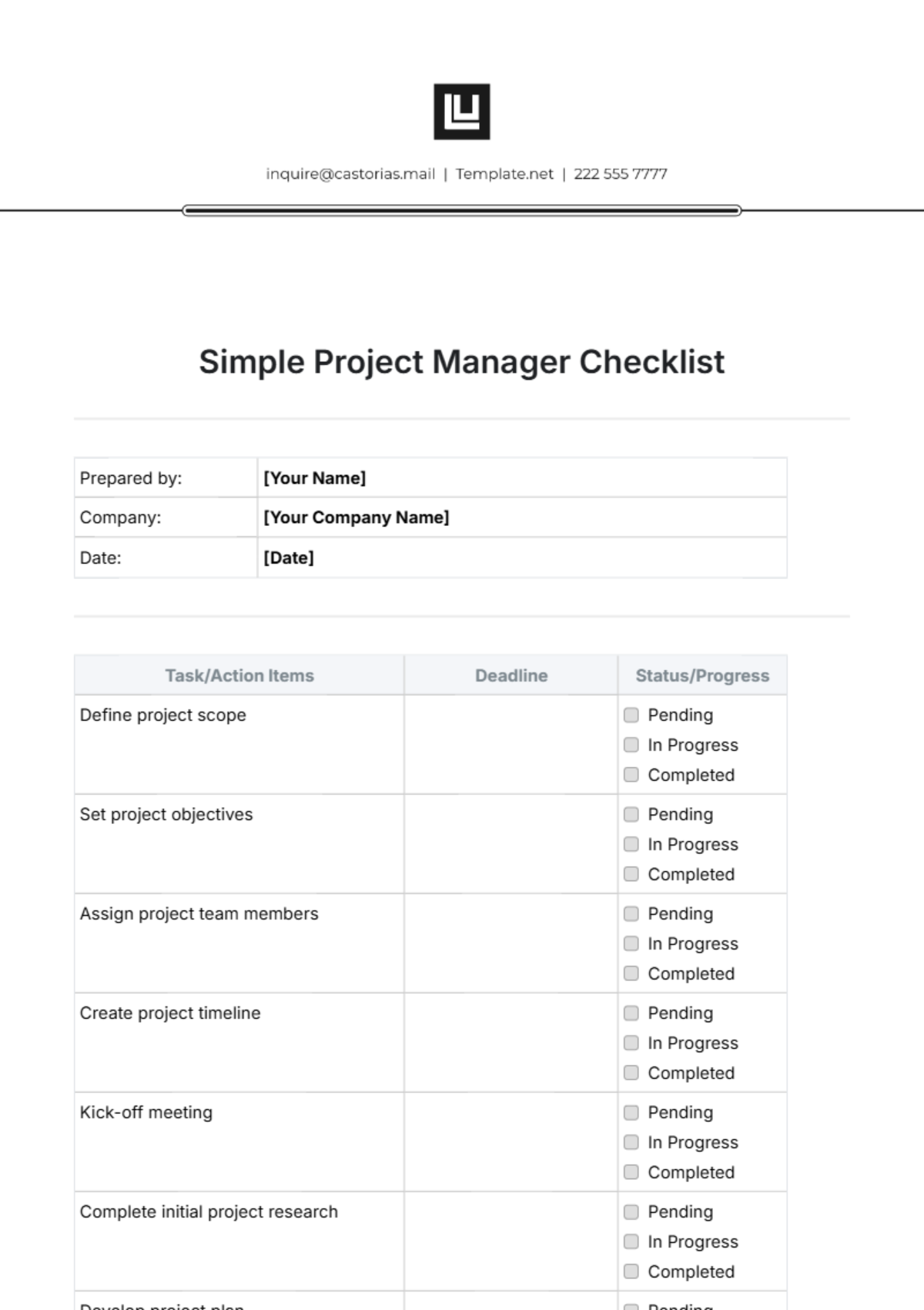 Simple Project Manager Checklist Template - Edit Online & Download