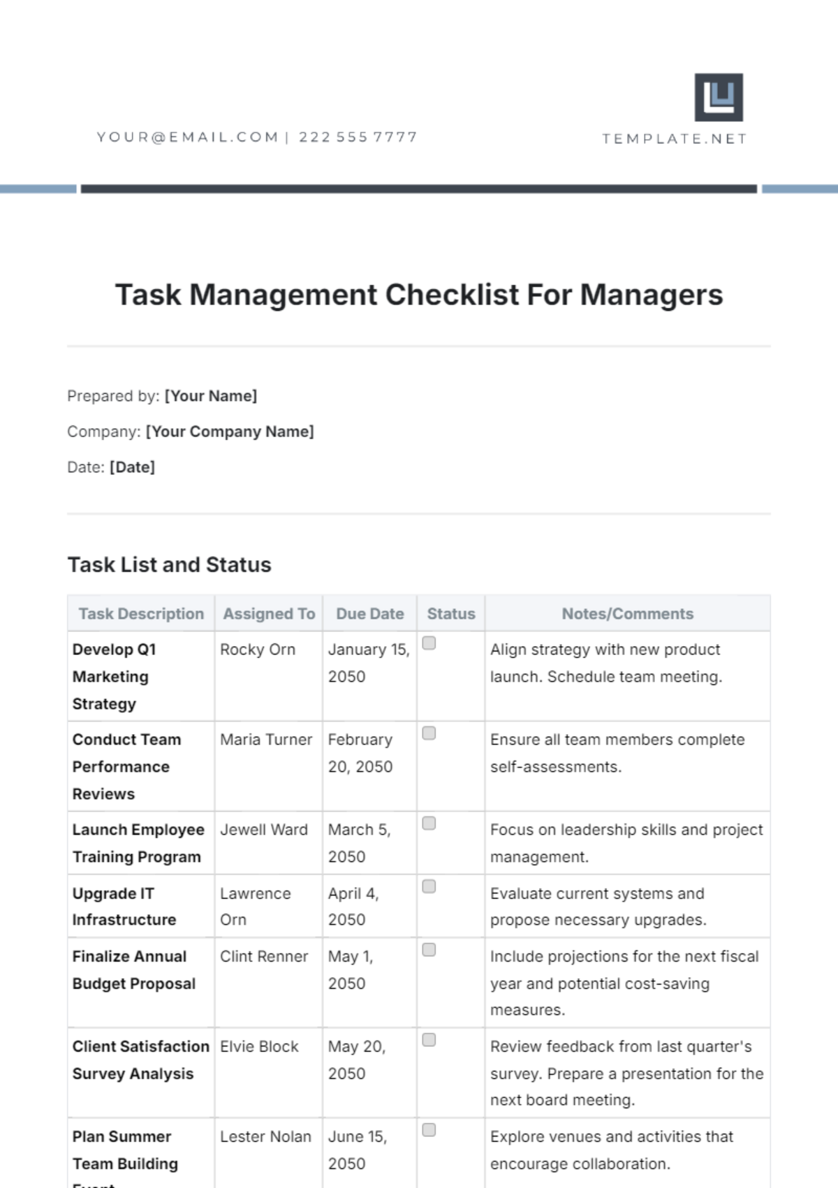 Task Management Checklist For Managers Template