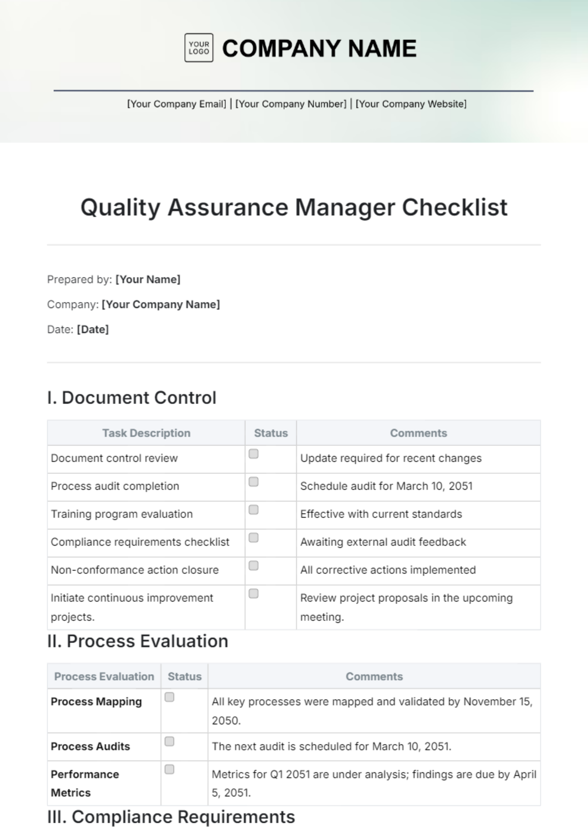 Quality Assurance Manager Checklist Template