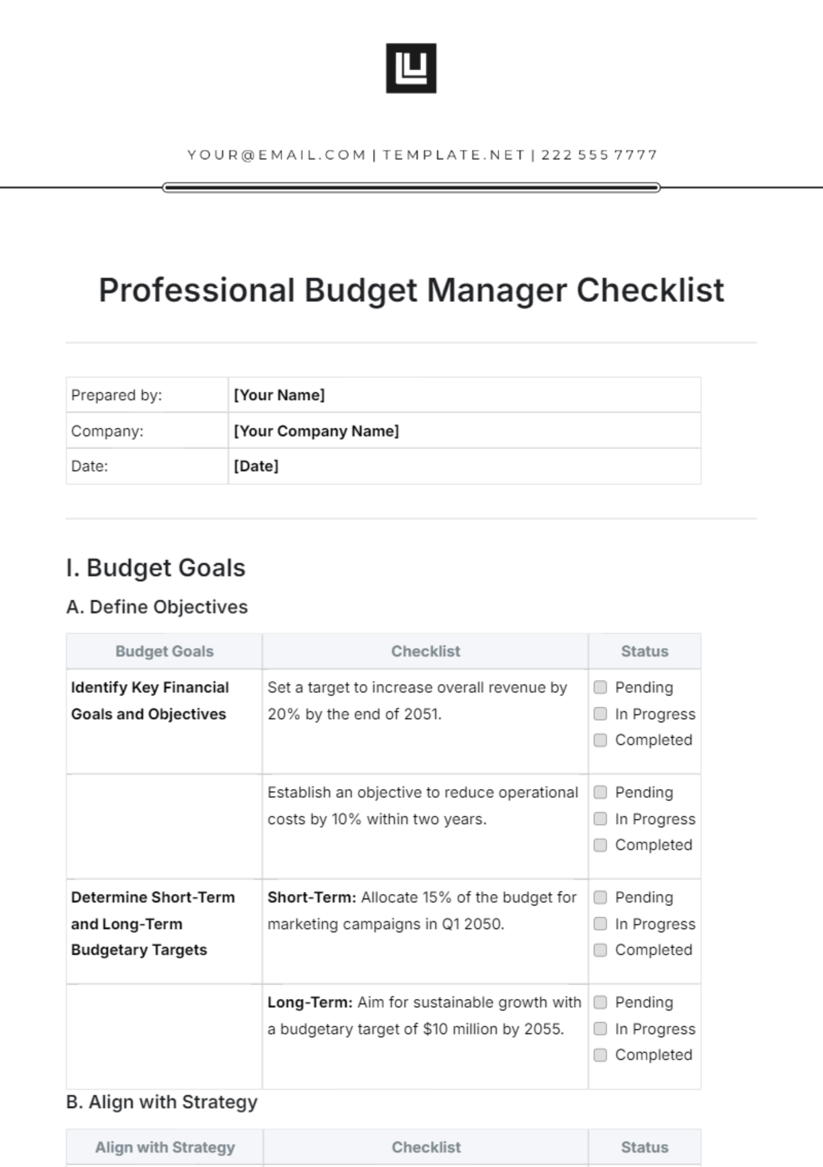 Professional Budget Manager Checklist Template - Edit Online & Download