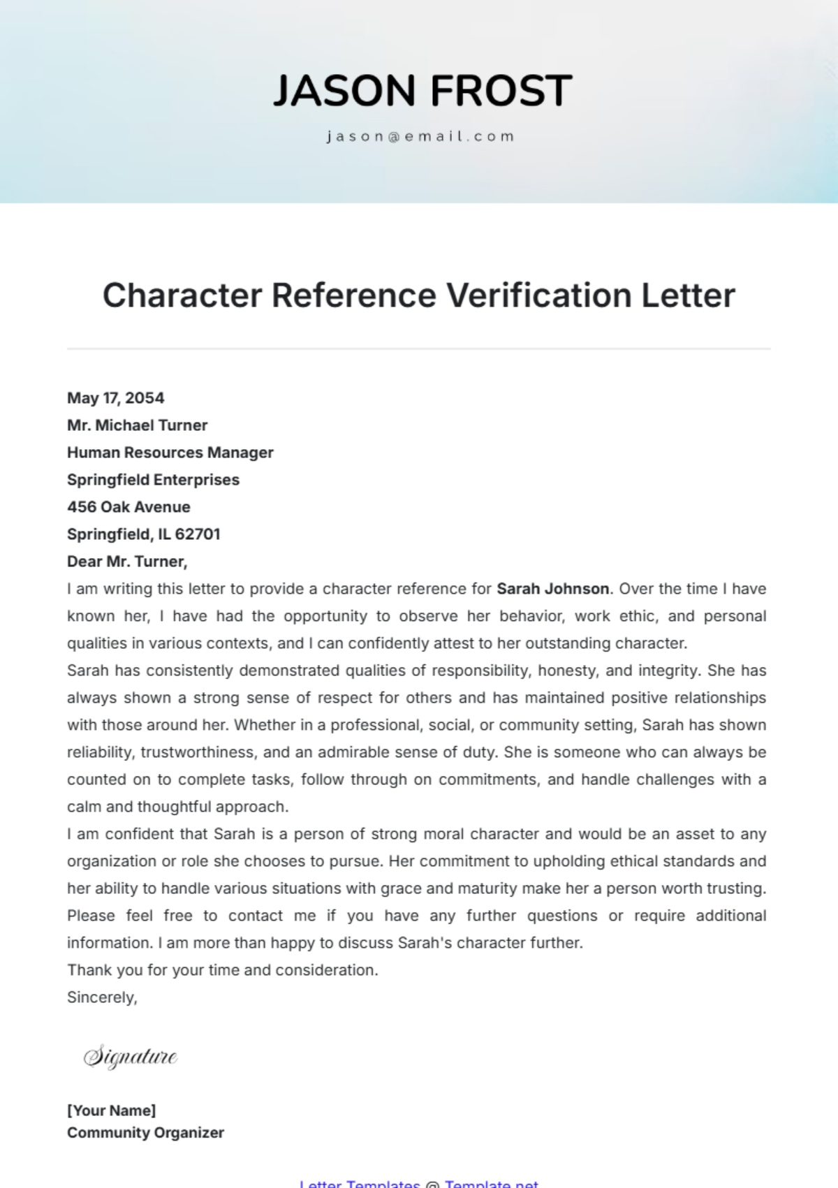 Character Reference Verification Letter Template - Edit Online & Download