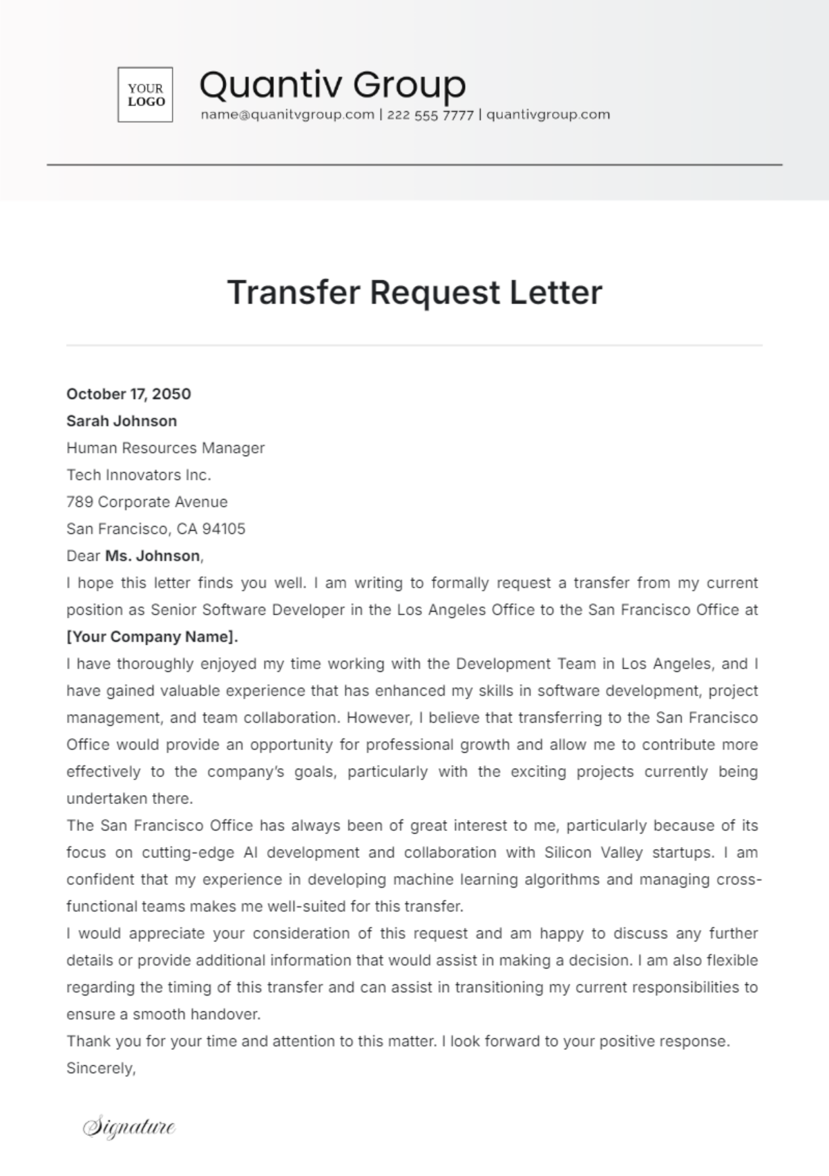 Transfer Request Letter Template - Edit Online & Download