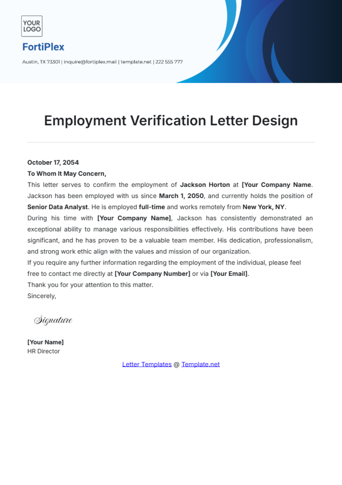 Employment Verification Letter Design Template - Edit Online & Download