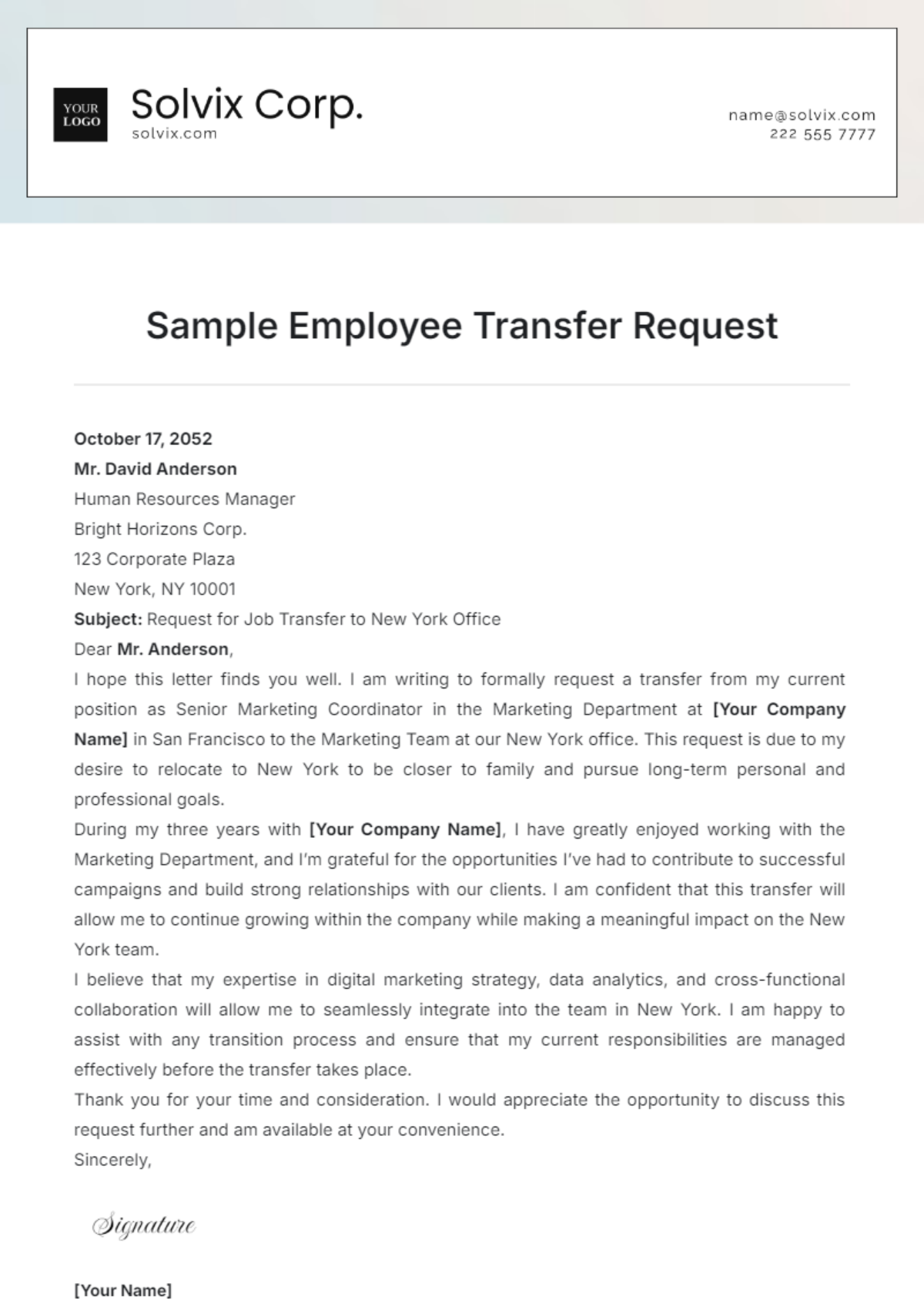 Sample Employee Transfer Request Template - Edit Online & Download