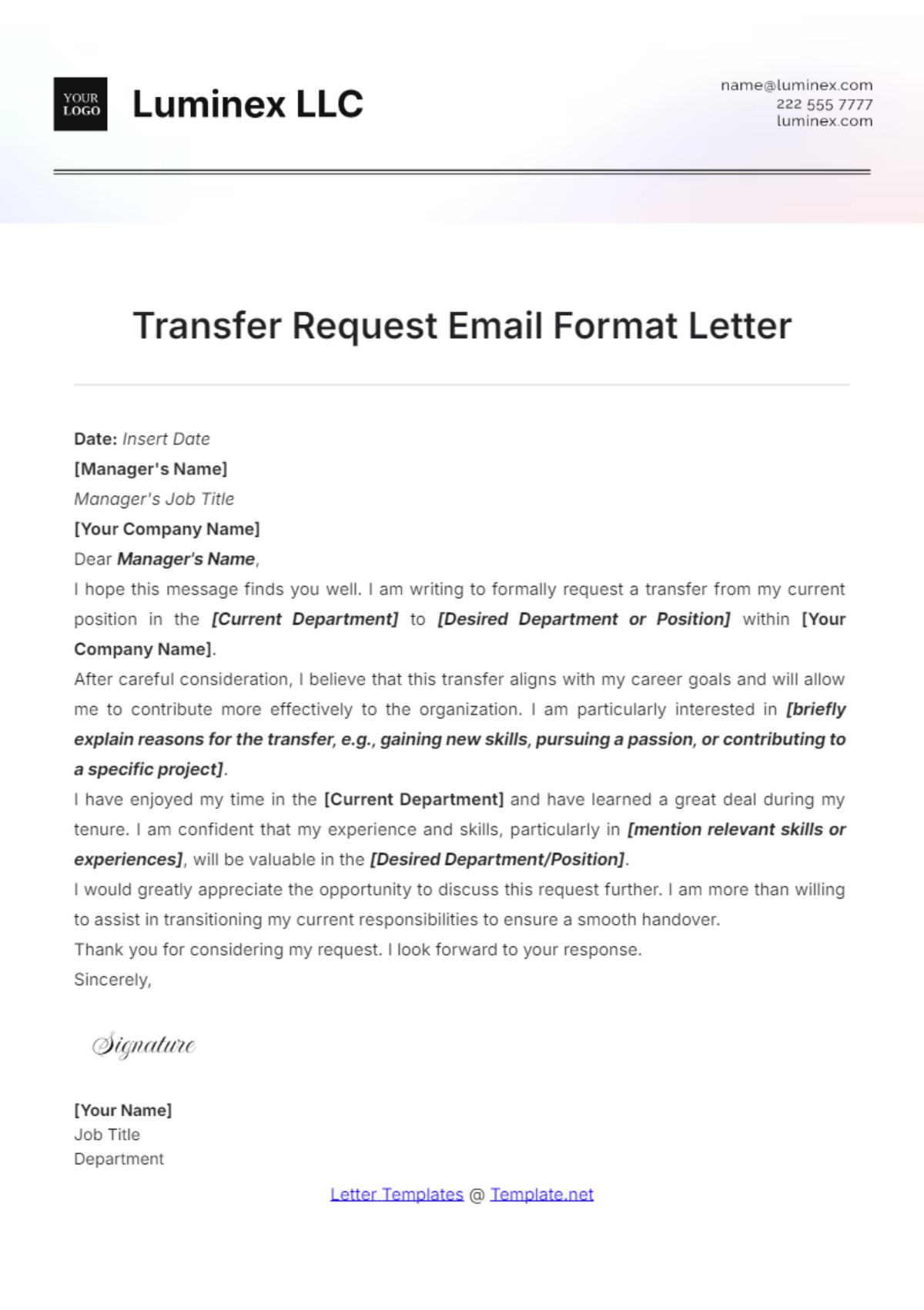 Transfer Request Email Format Letter Template - Edit Online & Download