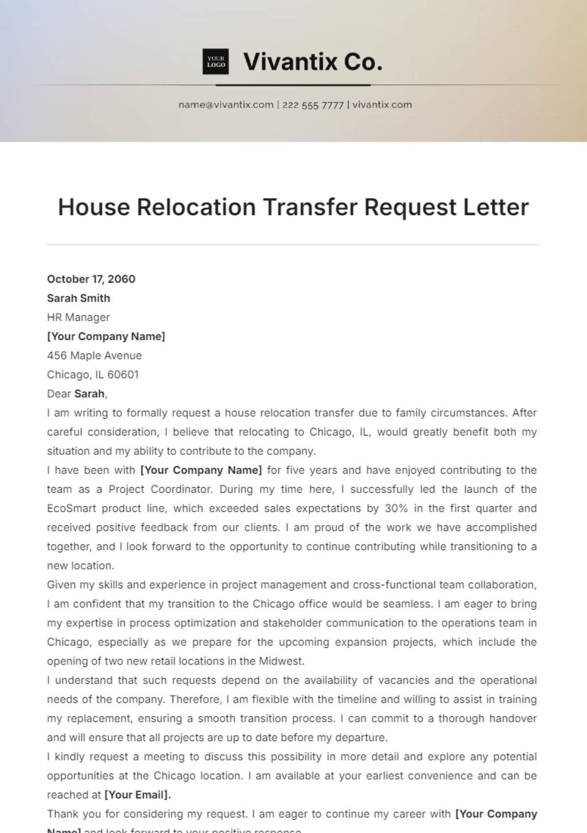 House Relocation Transfer Request Letter Template - Edit Online & Download