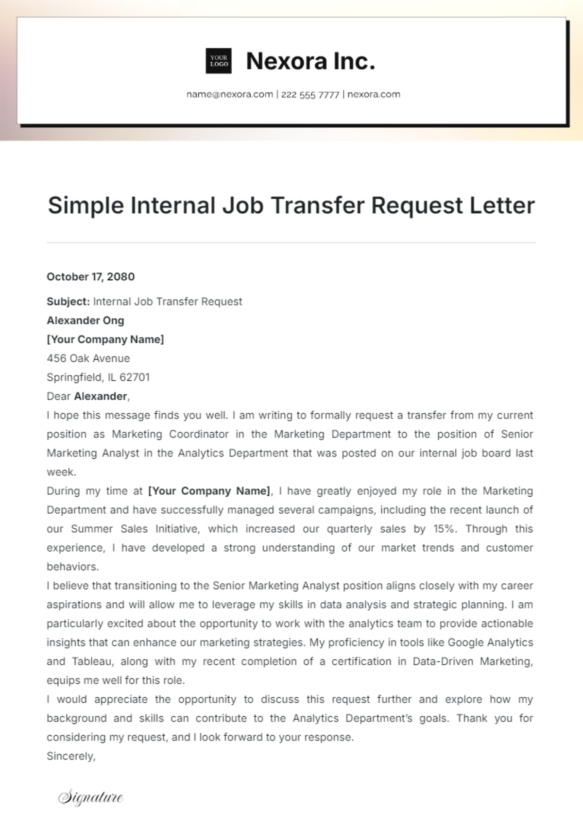 Simple Internal Job Transfer Request Letter Template - Edit Online & Download