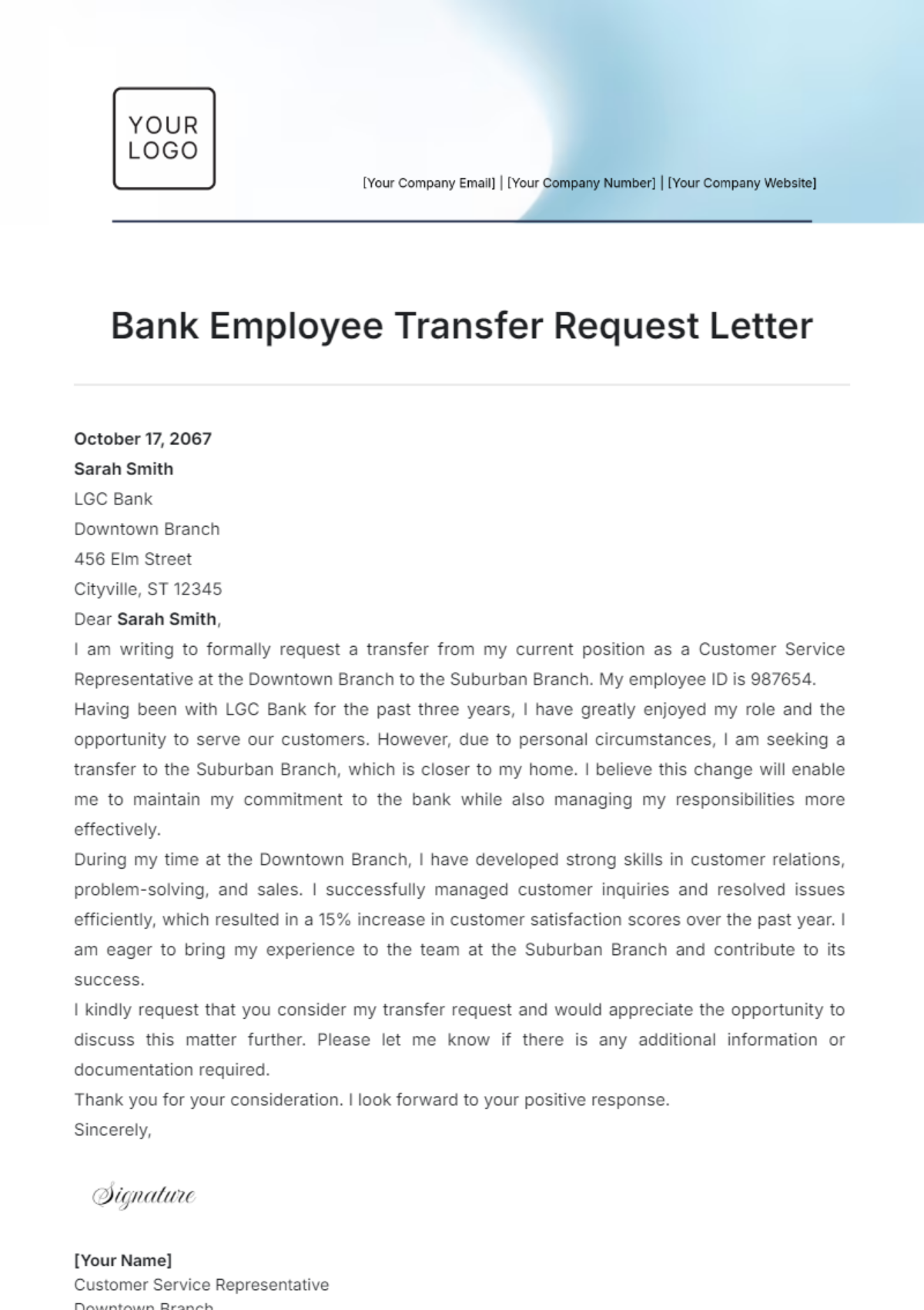 Bank Employee Transfer Request Letter Template - Edit Online & Download