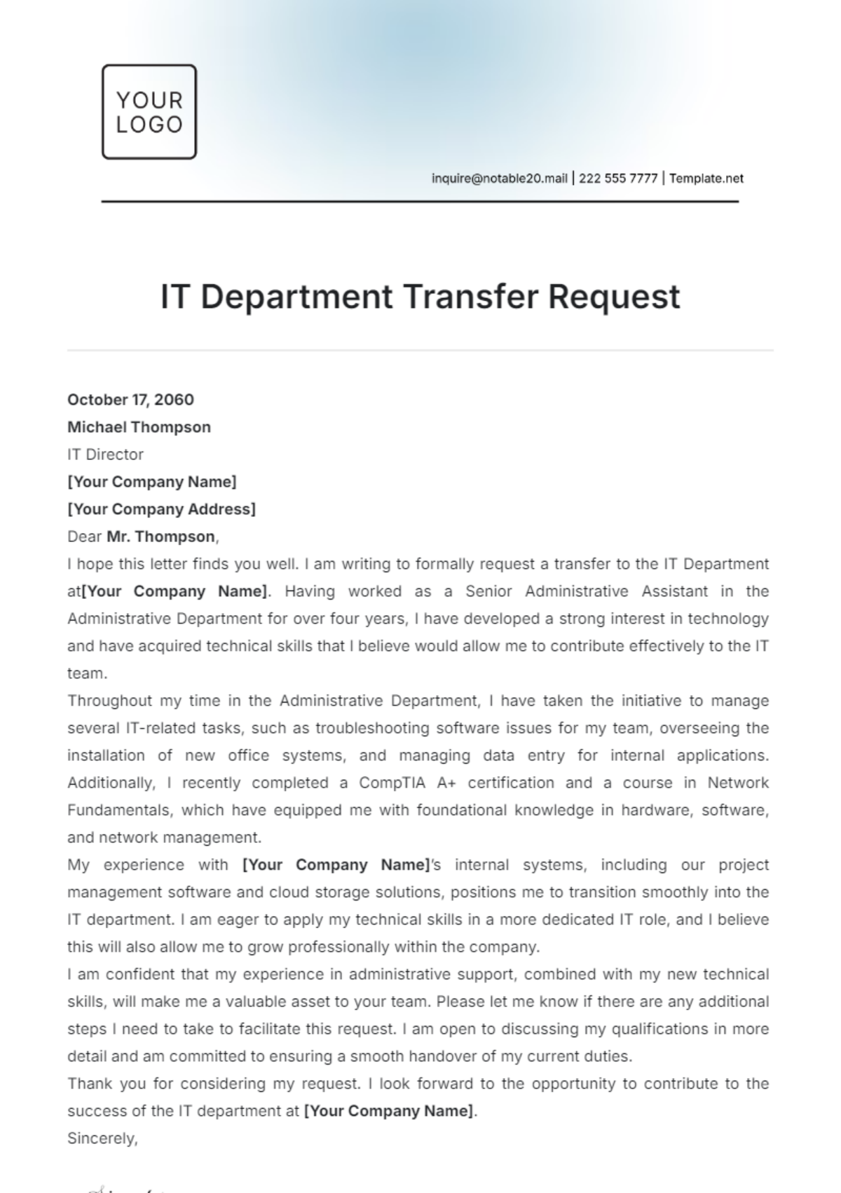 IT Department Transfer Request Template - Edit Online & Download