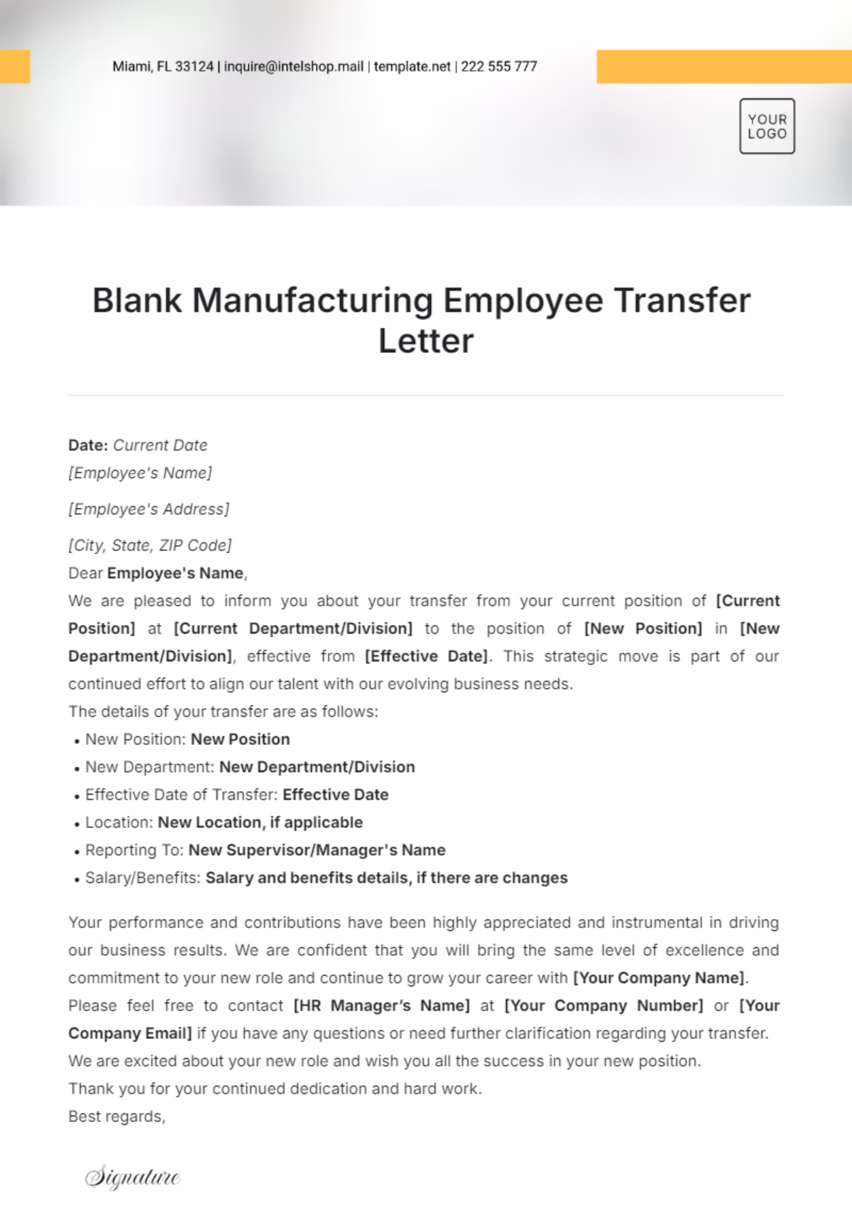 Blank Manufacturing Employee Transfer Letter Template - Edit Online & Download