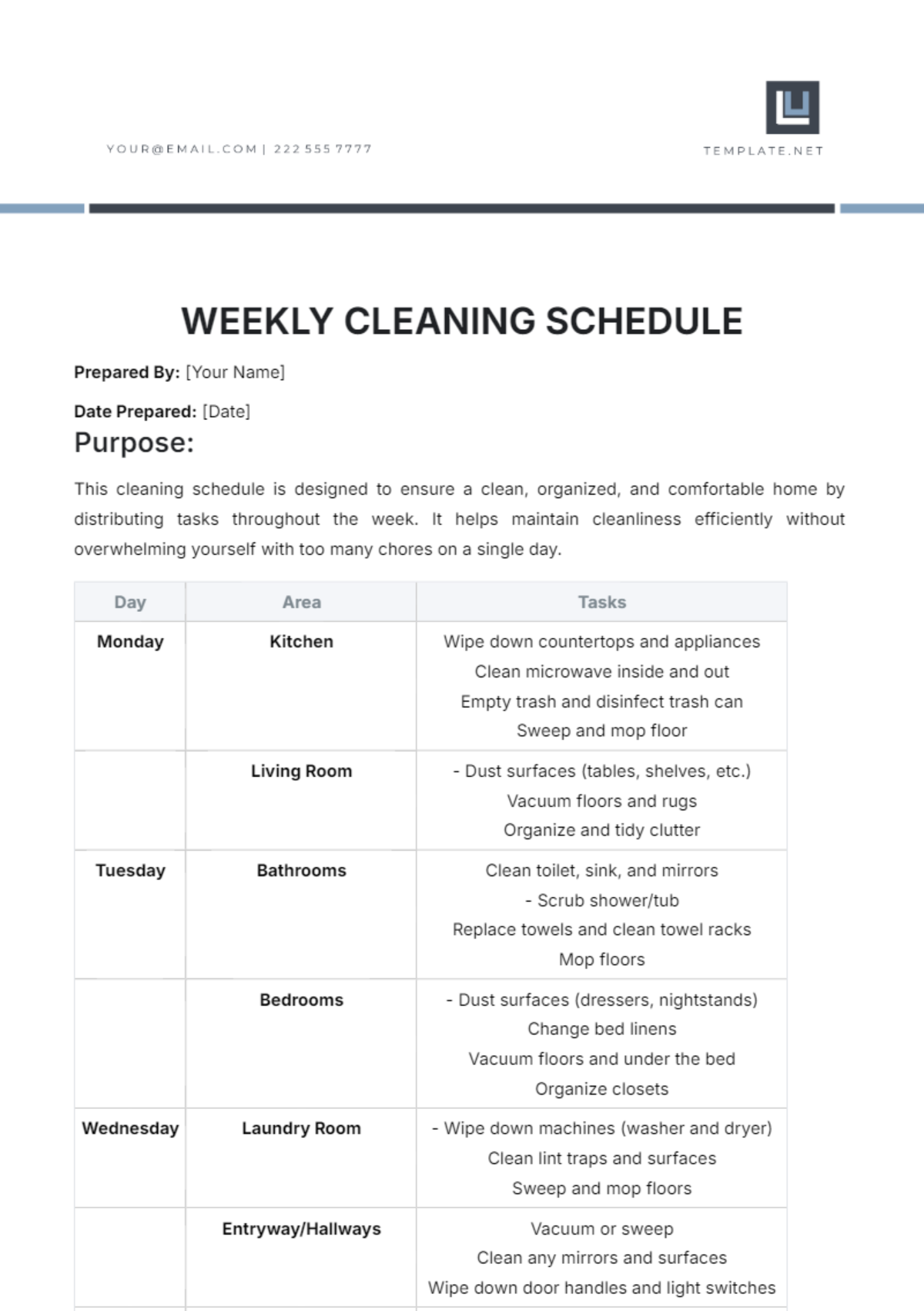 Weekly Cleaning Schedule Template - Edit Online & Download