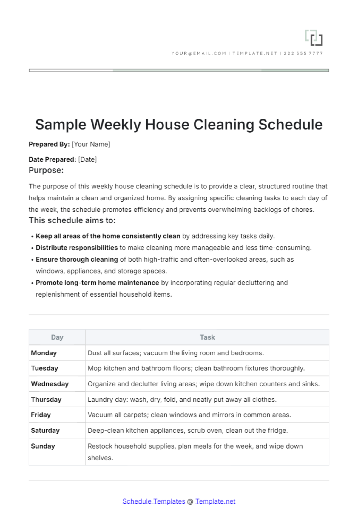 Sample Weekly House Cleaning Schedule Template - Edit Online & Download