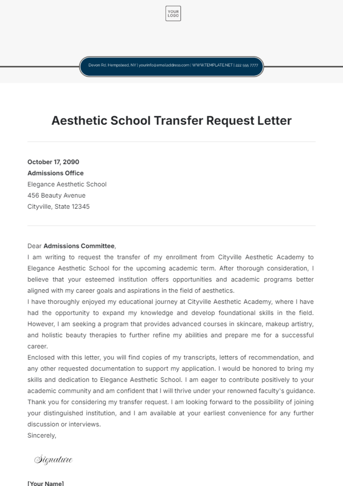 Aesthetic School Transfer Request Letter Template - Edit Online & Download