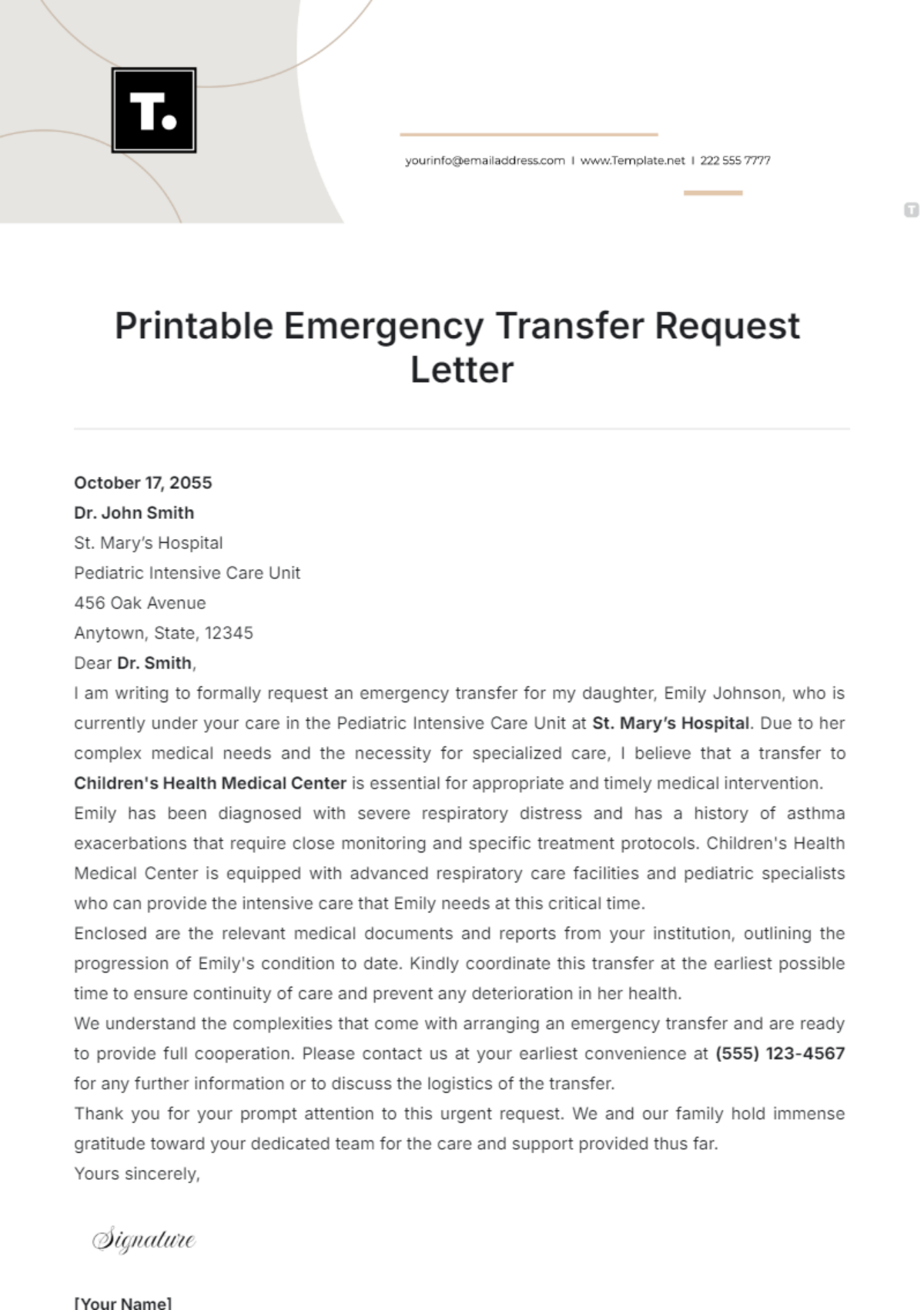 Printable Emergency Transfer Request Letter Template - Edit Online & Download