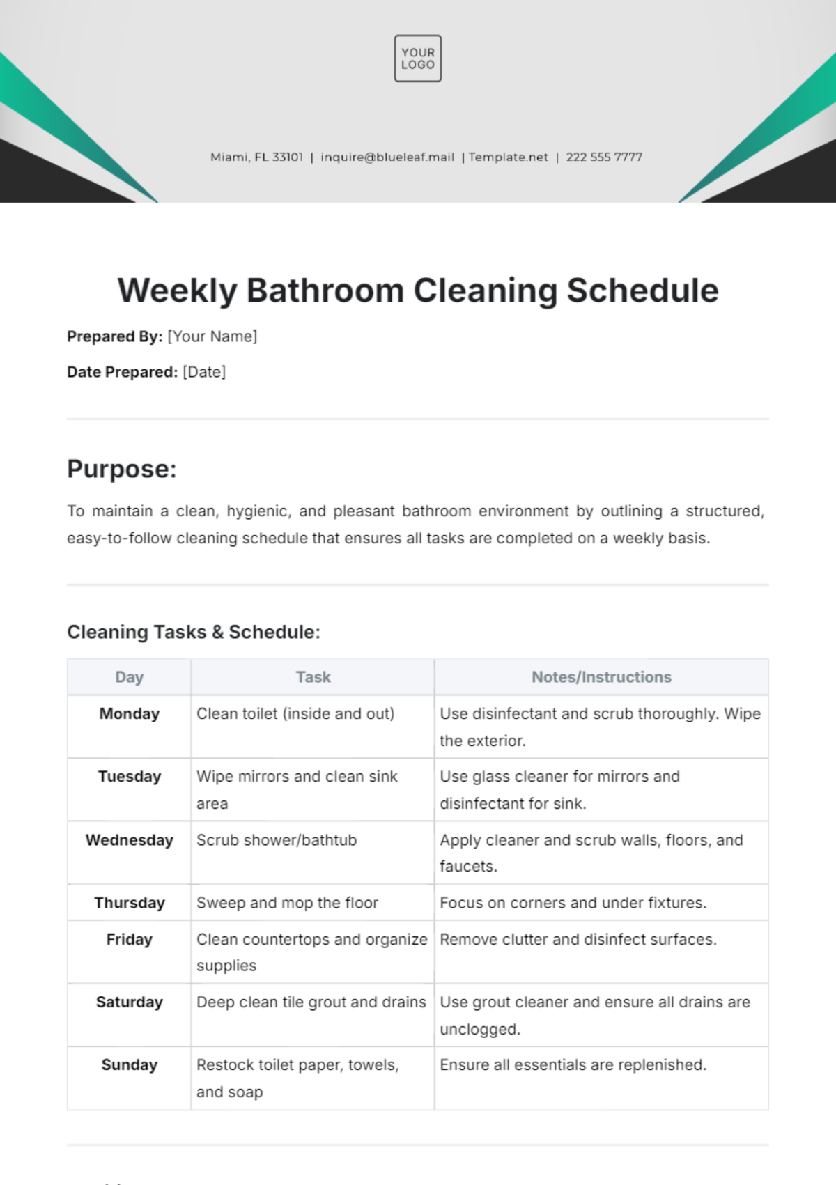 Weekly Bathroom Cleaning Schedule Template - Edit Online & Download