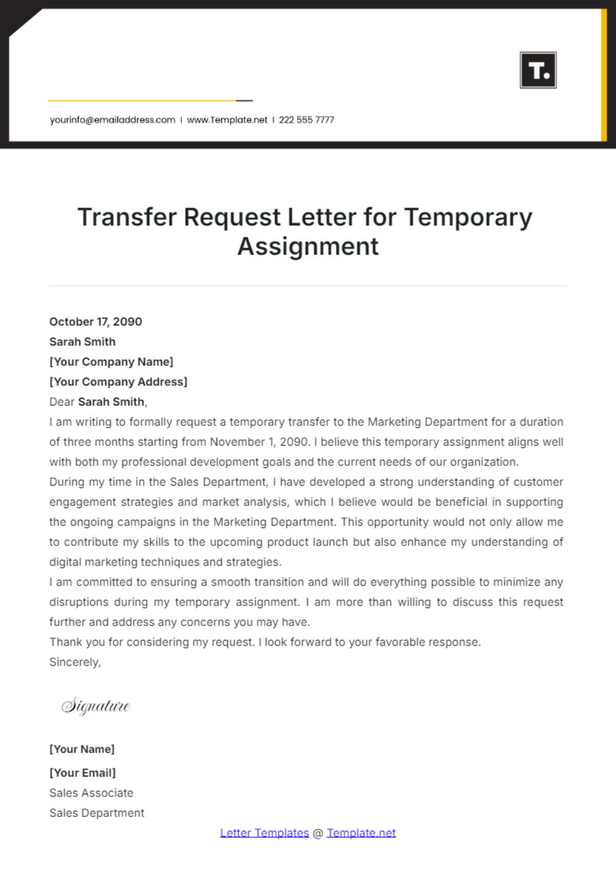 Transfer Request Letter for Temporary Assignment Template - Edit Online & Download