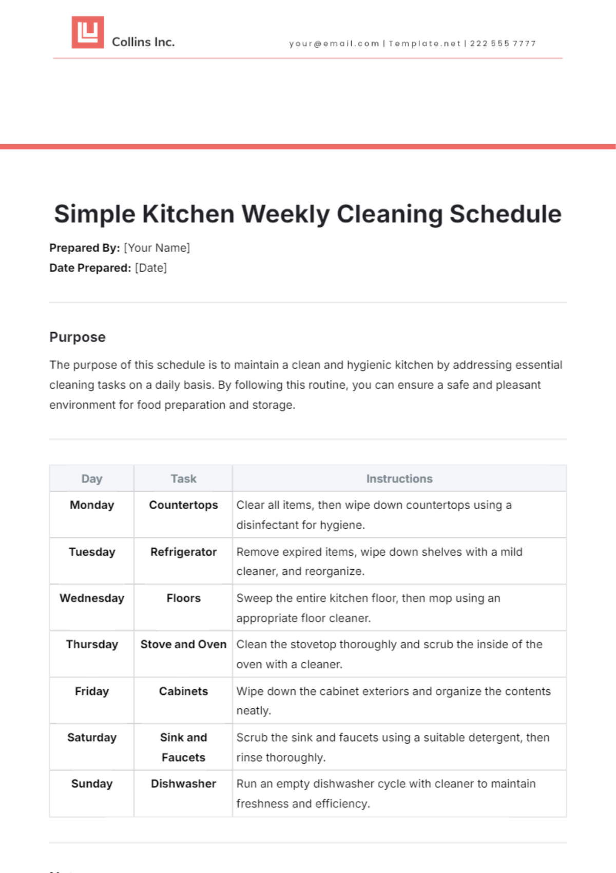 Simple Kitchen Weekly Cleaning Schedule Template - Edit Online & Download