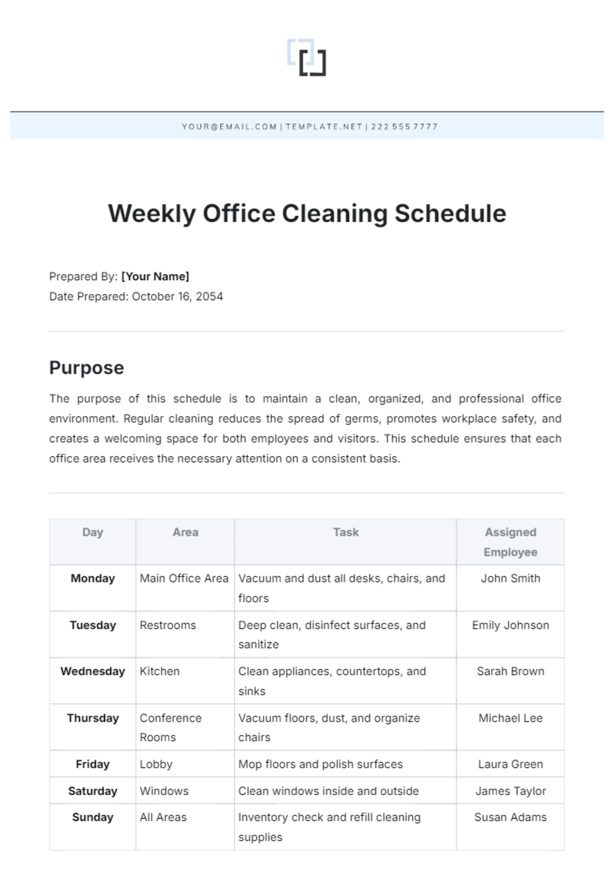 Weekly Office Cleaning Schedule Template - Edit Online & Download