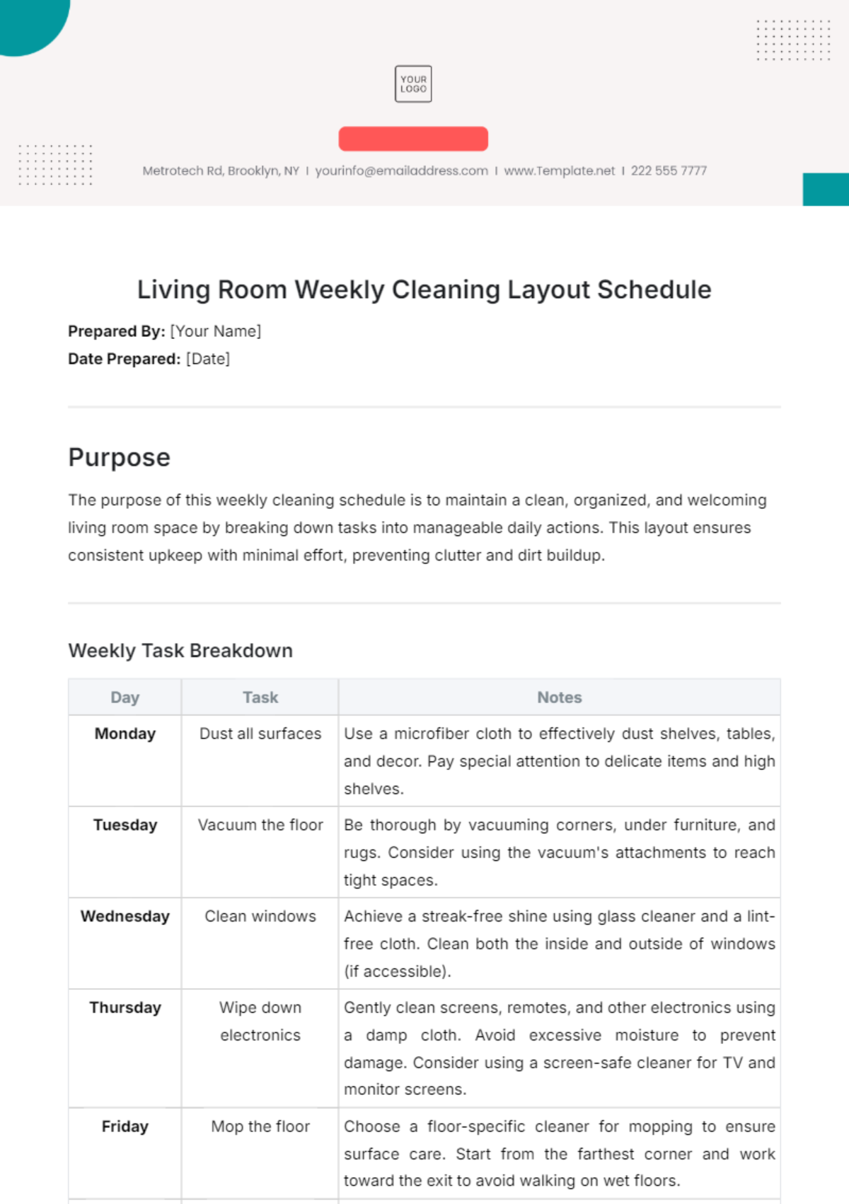 Living Room Weekly Cleaning Layout Schedule Template - Edit Online & Download