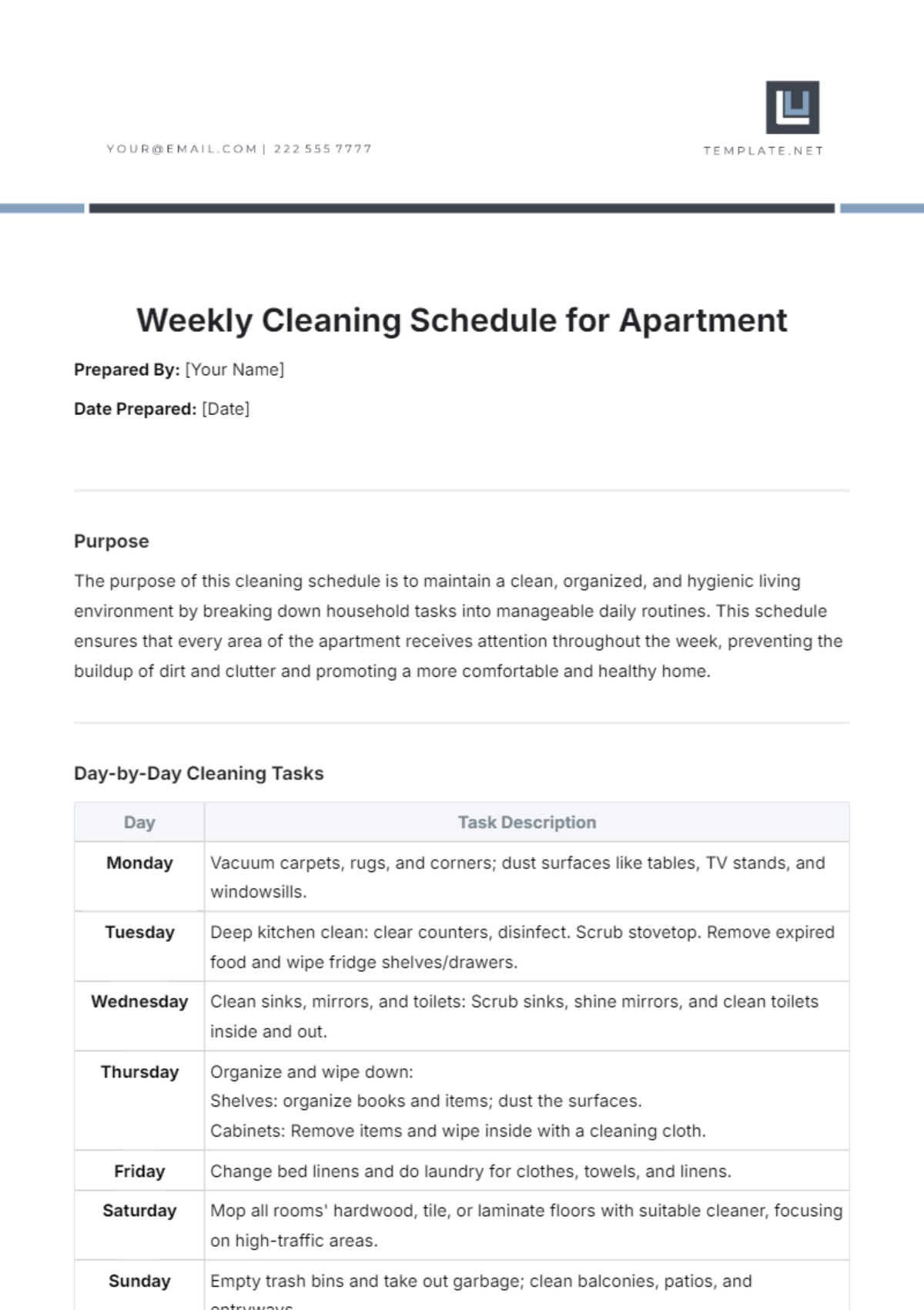 Weekly Cleaning Schedule for Apartment Template - Edit Online & Download