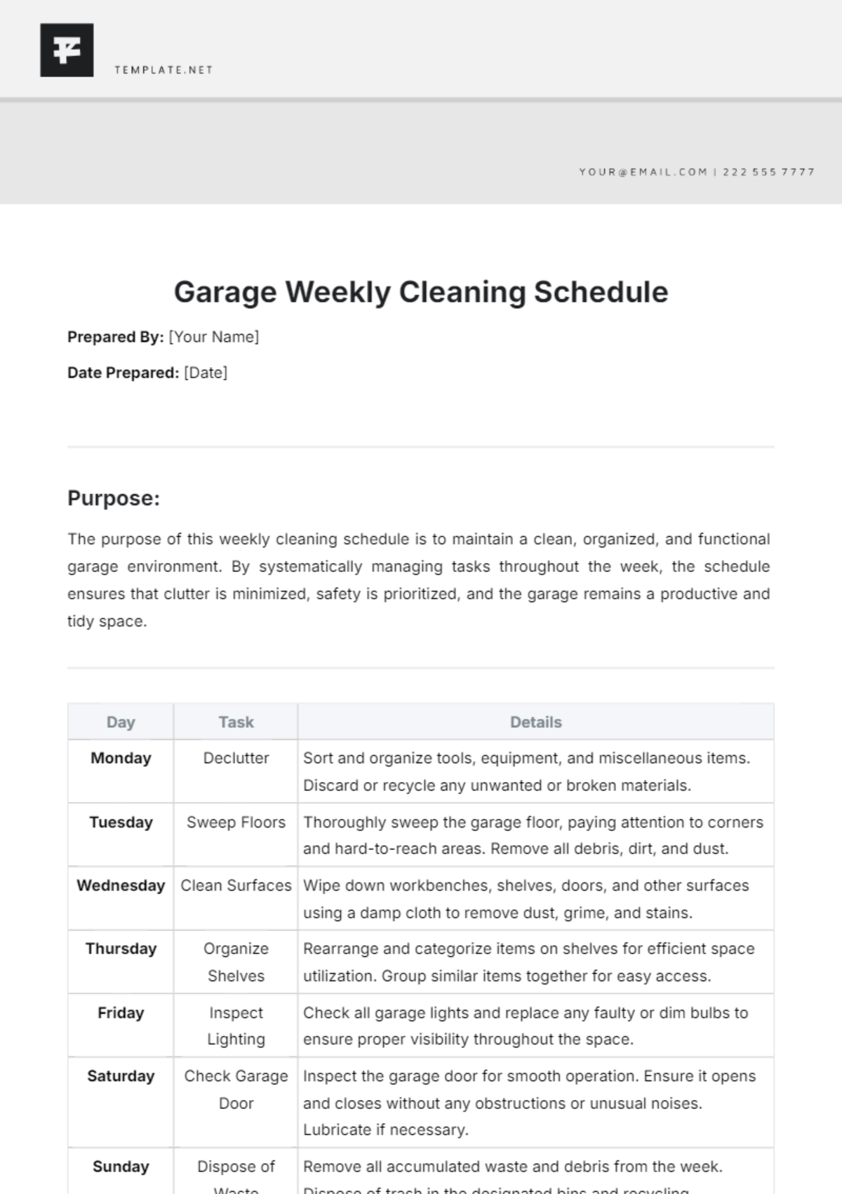 Garage Weekly Cleaning Schedule Template - Edit Online & Download