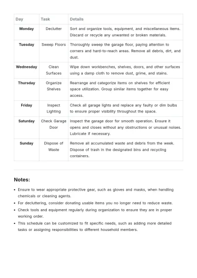 Free Garage Weekly Cleaning Schedule Template to Edit Online