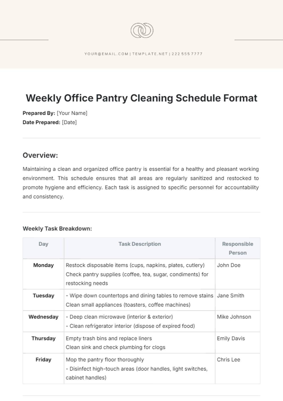 Weekly Office Pantry Cleaning Schedule Format Template - Edit Online & Download