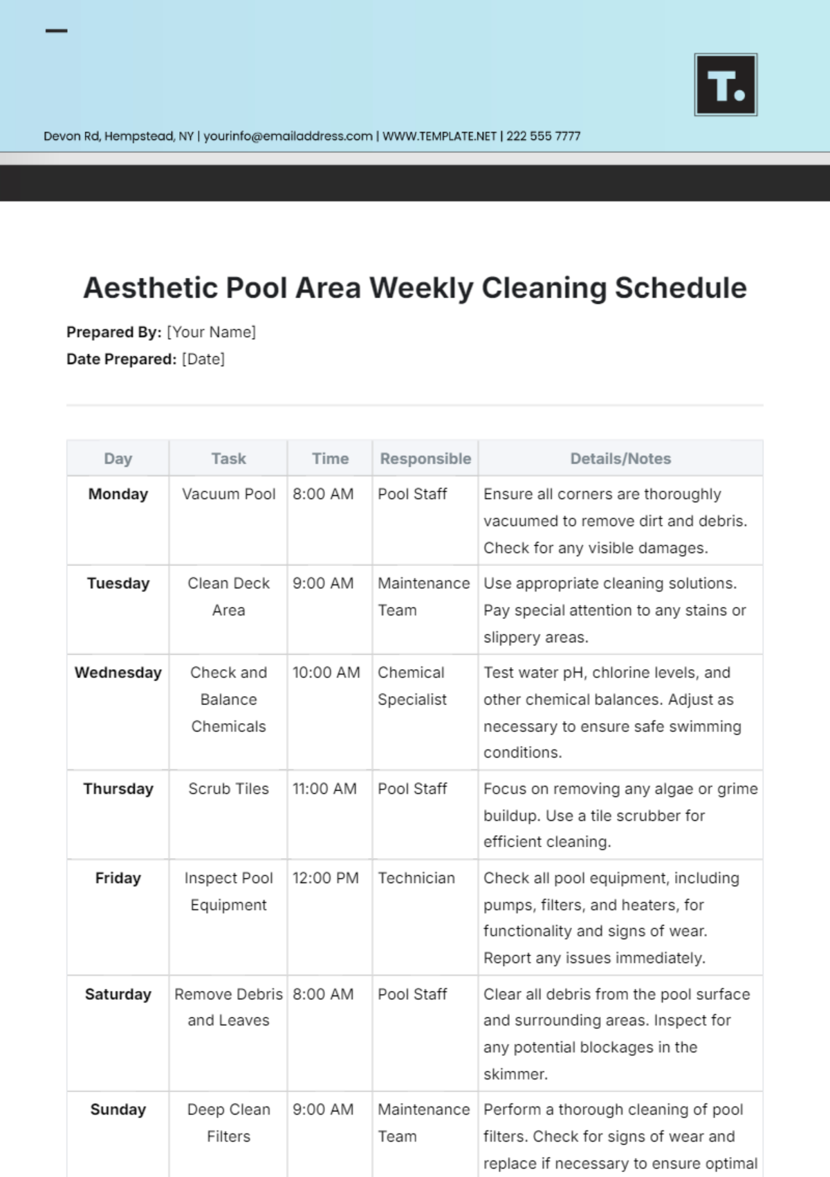 Aesthetic Pool Area Weekly Cleaning Schedule Template - Edit Online & Download