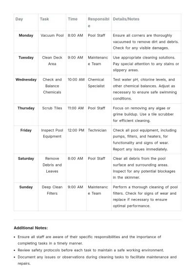 Free Aesthetic Pool Area Weekly Cleaning Schedule Template to Edit Online