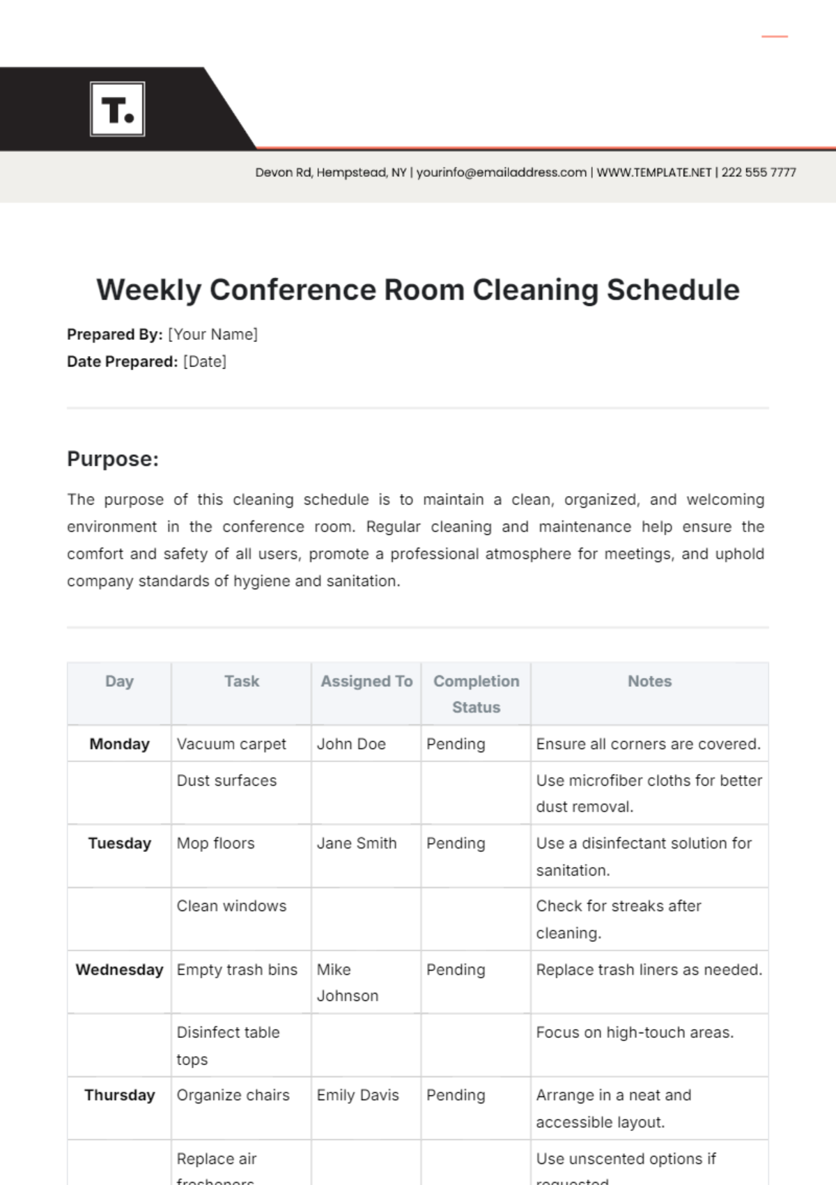 Weekly Conference Room Cleaning Schedule Template