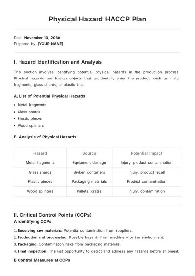 Free Physical Hazard HACCP Plan Template to Edit Online