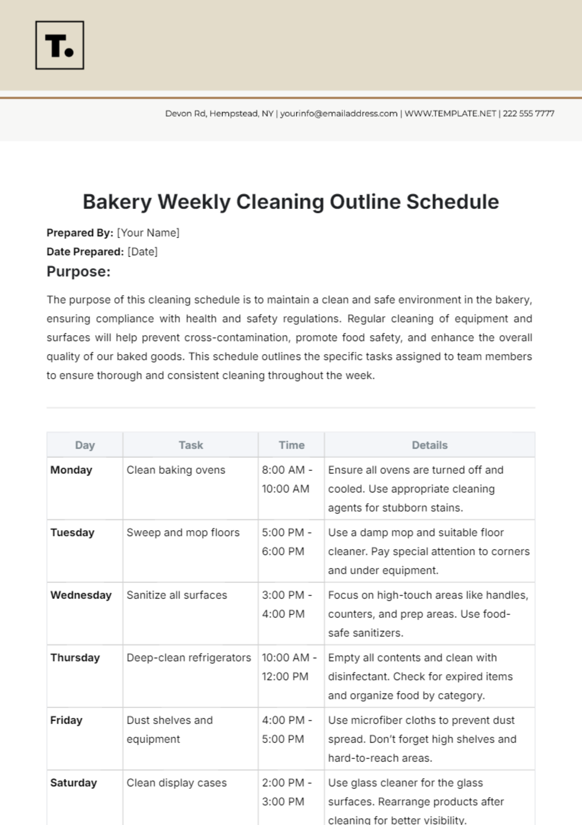 Bakery Weekly Cleaning Outline Schedule Template