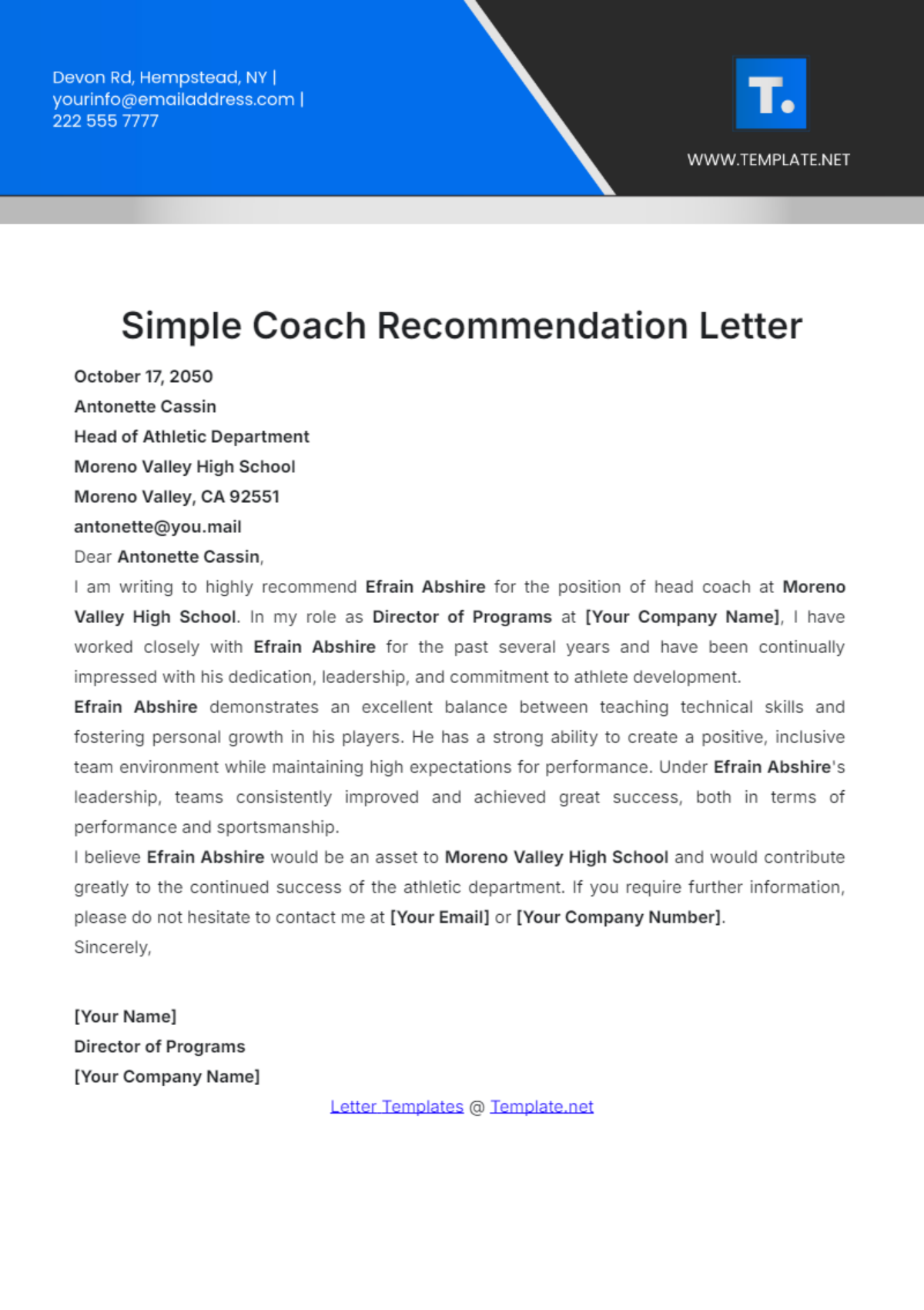 Simple Coach Recommendation Letter Template - Edit Online & Download