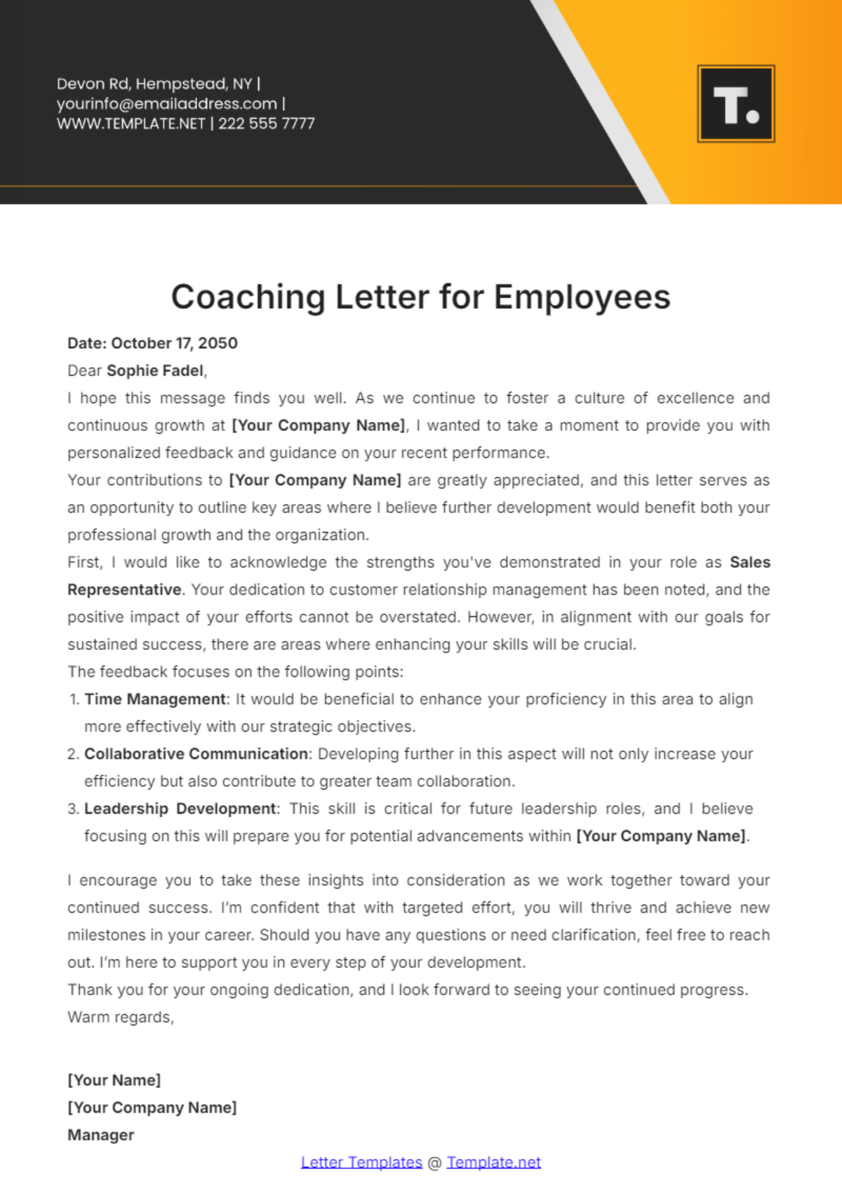 Coaching Letter for Employees Template - Edit Online & Download