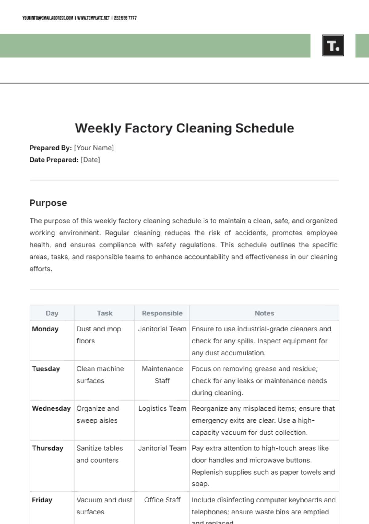 Weekly Factory Cleaning Schedule Template