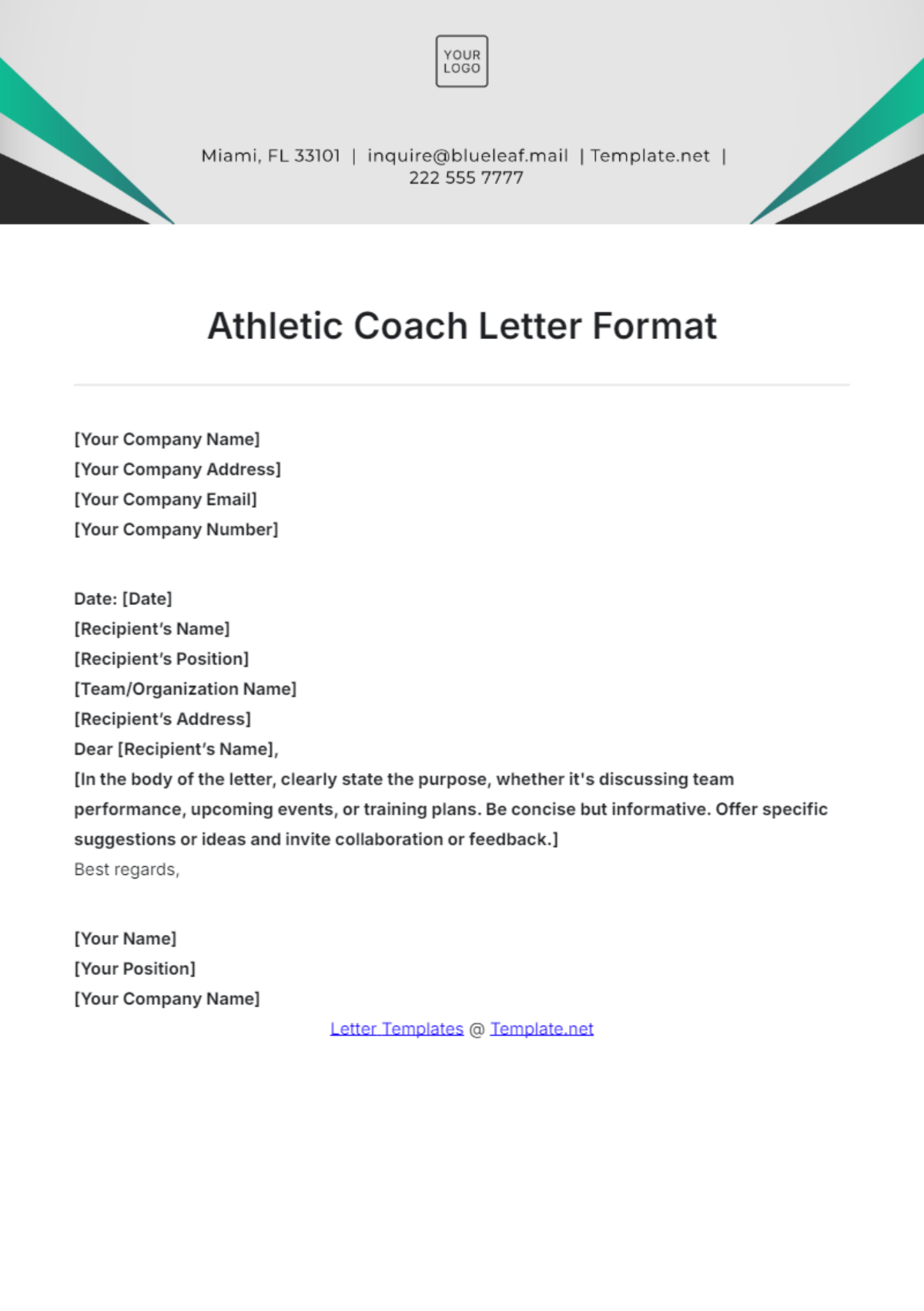 Athletic Coach Letter Format Template - Edit Online & Download