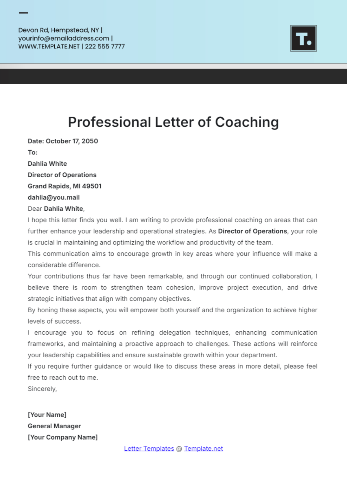 Professional Letter of Coaching Template - Edit Online & Download