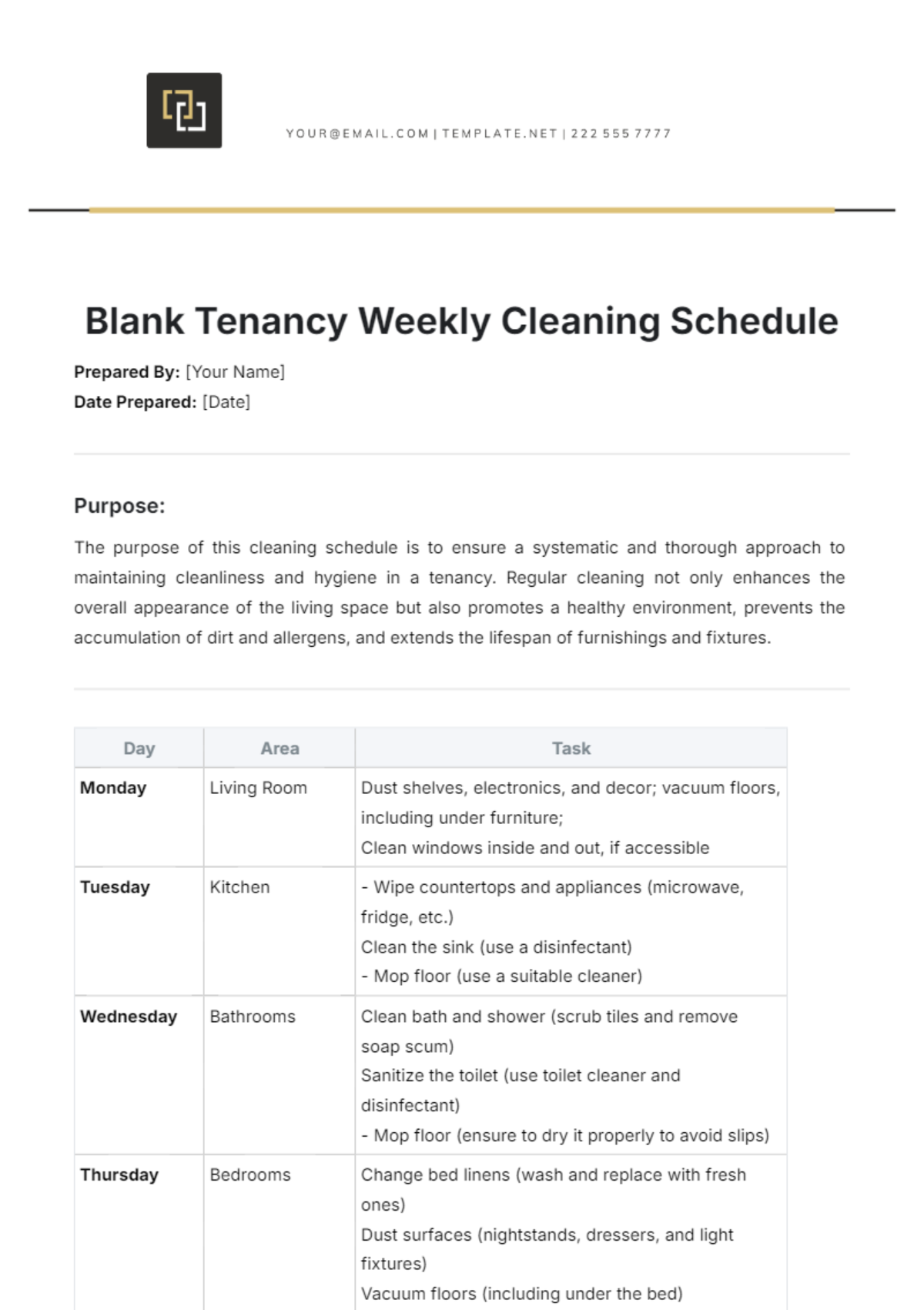 Blank Tenancy Weekly Cleaning Schedule Template