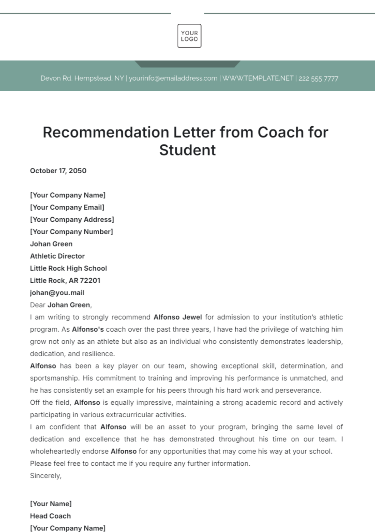 Recommendation Letter from Coach for Student Template - Edit Online & Download